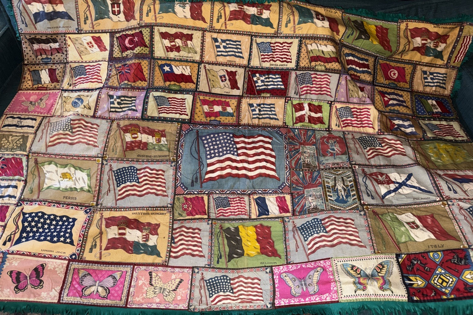 VTG TOBACCO FLANNEL FLAG COLLECTION FLAG FLANNELS QUILT TOP ~ USA 75 X 50 “ VTG TOBACCO FLANNEL FLAG COLLECTION FLAG FLANNELS QUILT TOP ~ USA 75 X 50 “