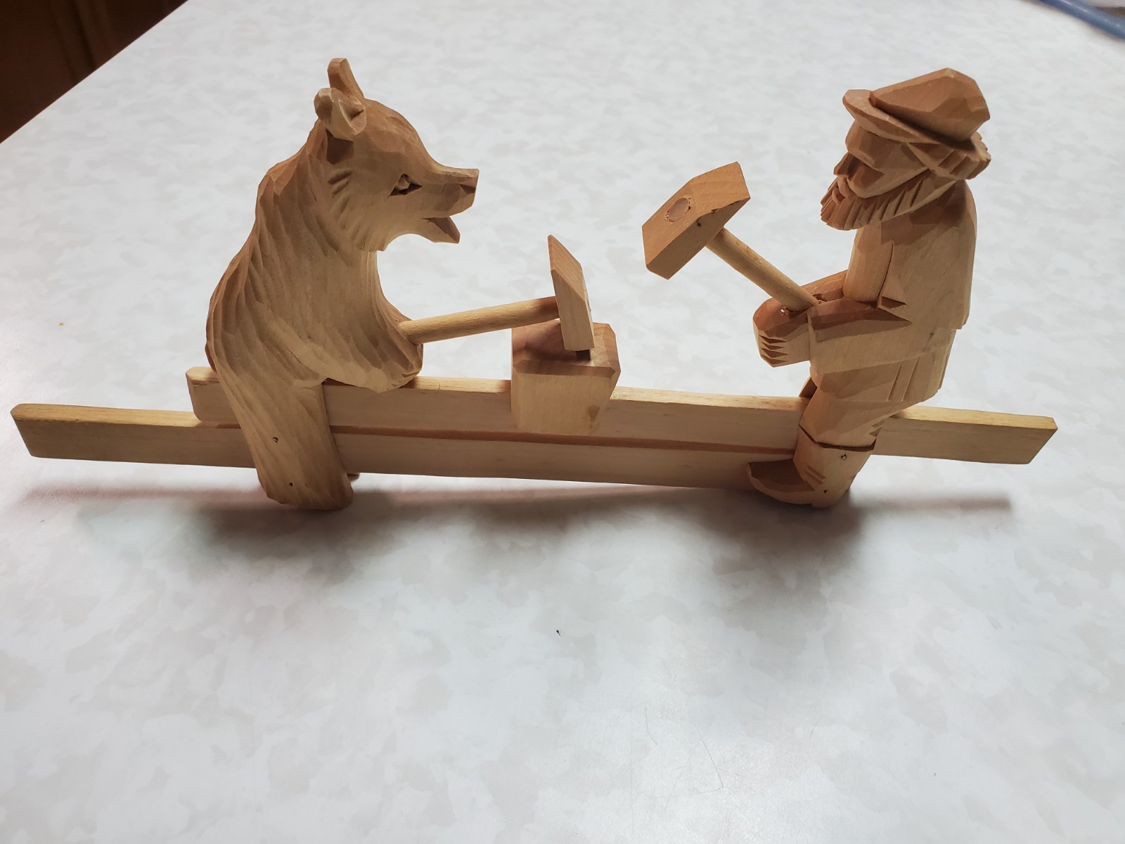 Vintage Hand-Carved Folk Russian Wood Toy - Man & Bear Hammering Bogorodskoye Vintage Hand-Carved Folk Russian Wood Toy - Man & Bear Hammering Bogorodskoye