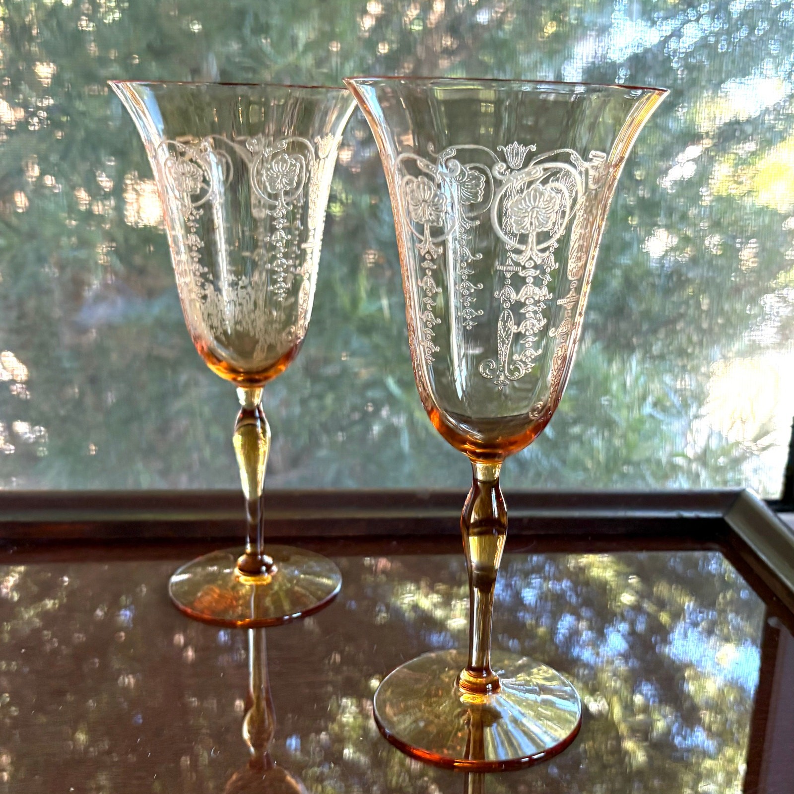 Set of 2 1940s Vintage Etched Amber Stem Wine Goblets Art Deco Glass UV Red Glow