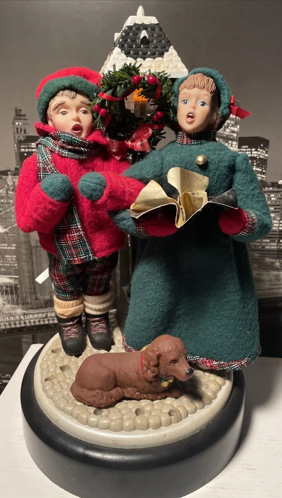 Vtg 1990s Light Up Musical Carolers Boy Girl & Dog Christmas Holiday Creations