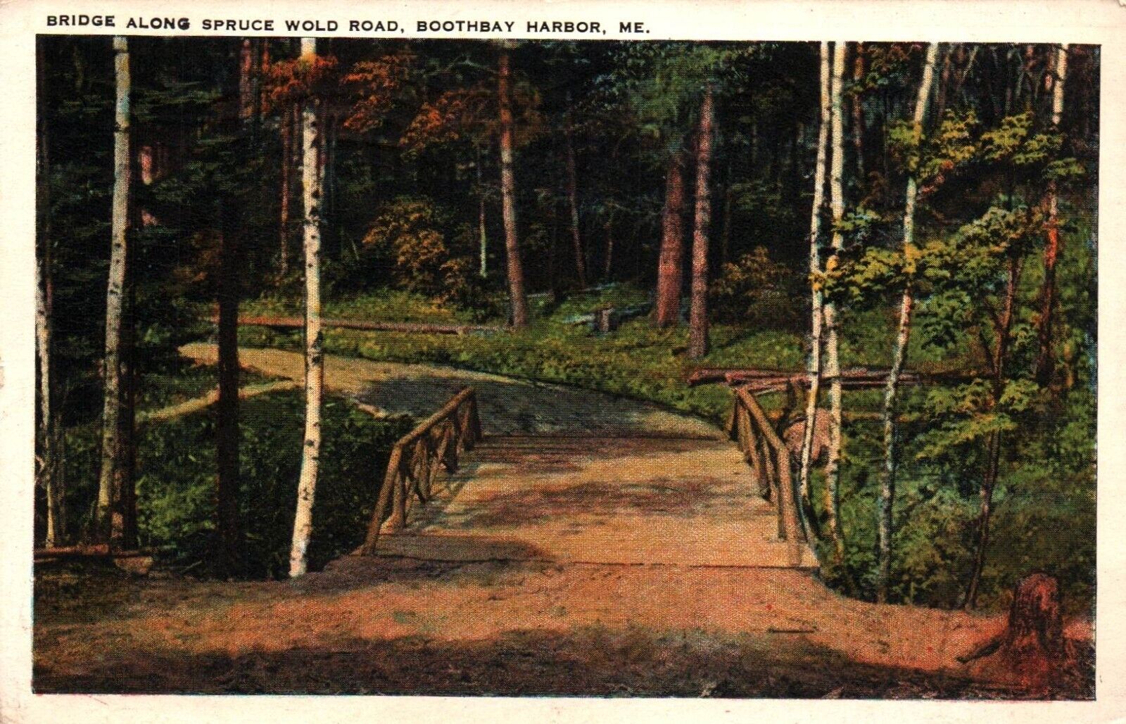 BRIDGE ALONG SPRUCE WOLD ROAD BOOTHBAY HARBOR ME VINTAGE POSTCARD 1935 POSTED