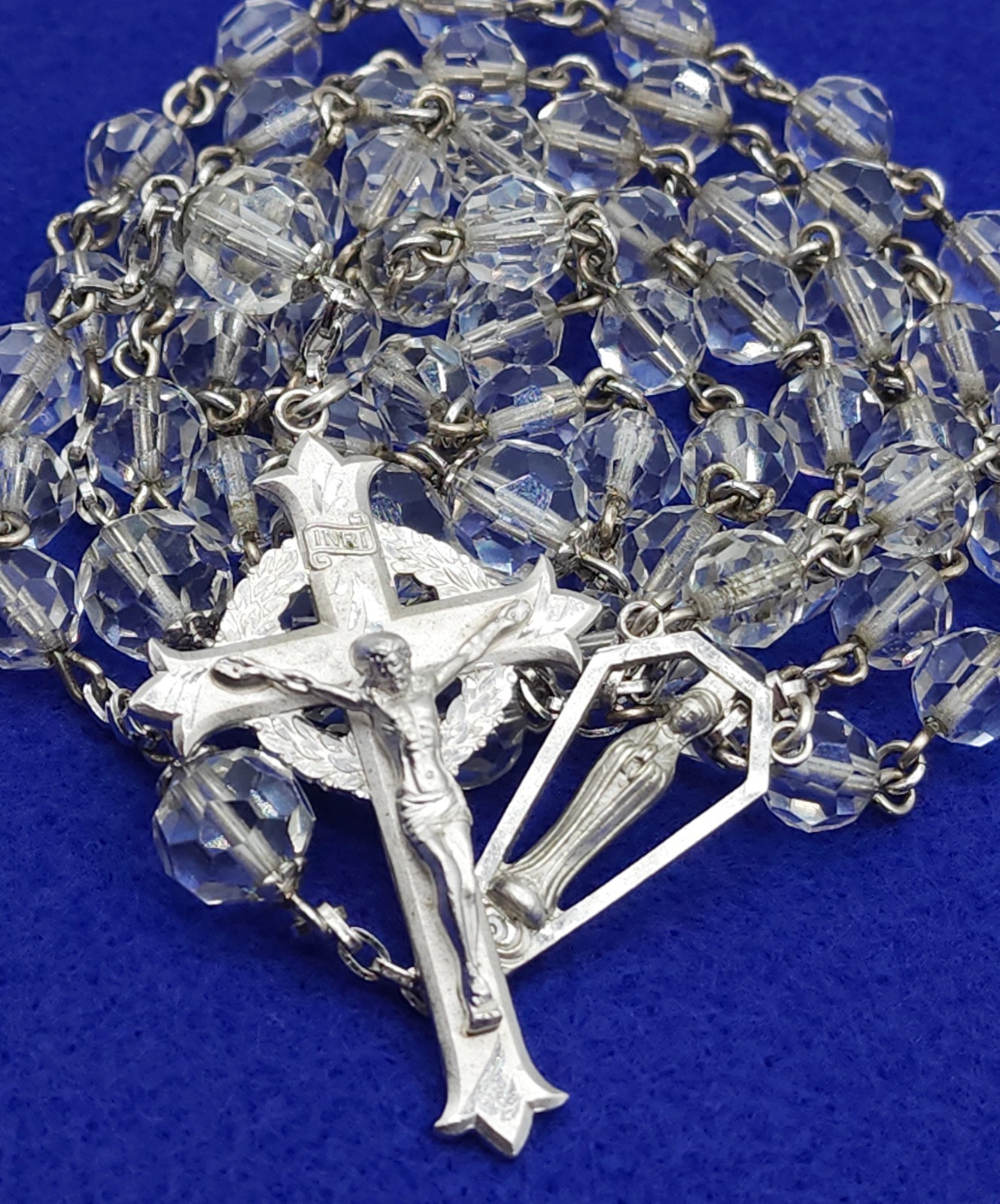 Vintage Catamore Sterling Silver Rosary Clear Faceted Crystal Beads Engraved