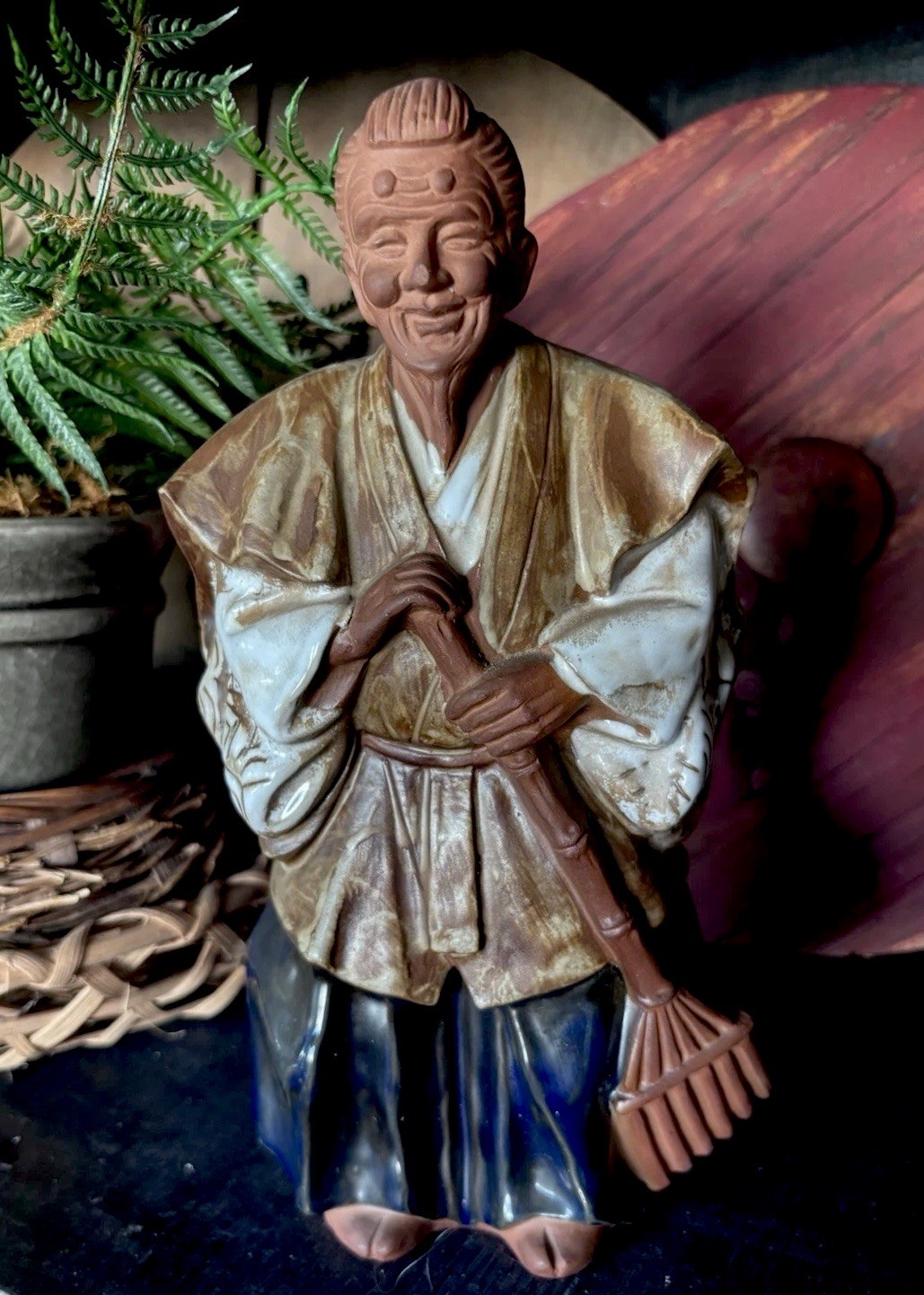 Vintage Terracotta Clay Sculpted Hand Painted & Glazed Chinese Mudman Statue