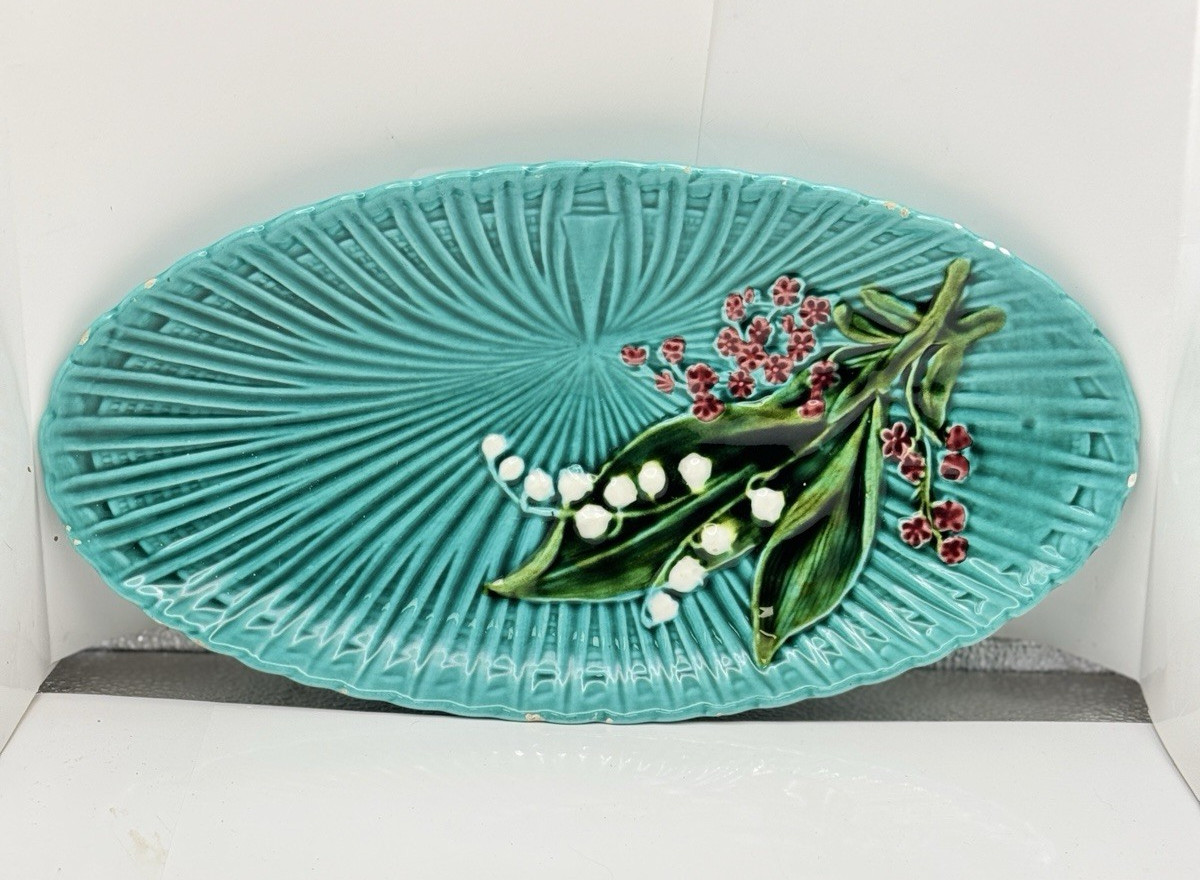 Vintage Schramberg Germany Lily of The Valley Majolica Platter Teal 12.5\