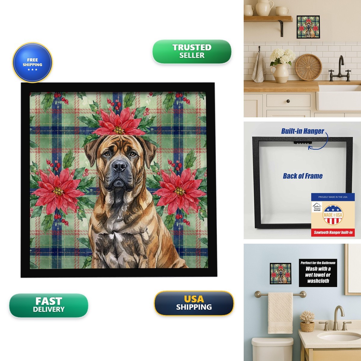 Caroline's Treasures Brindle Boerboel Poinsettias Framed Metal Print 8X8