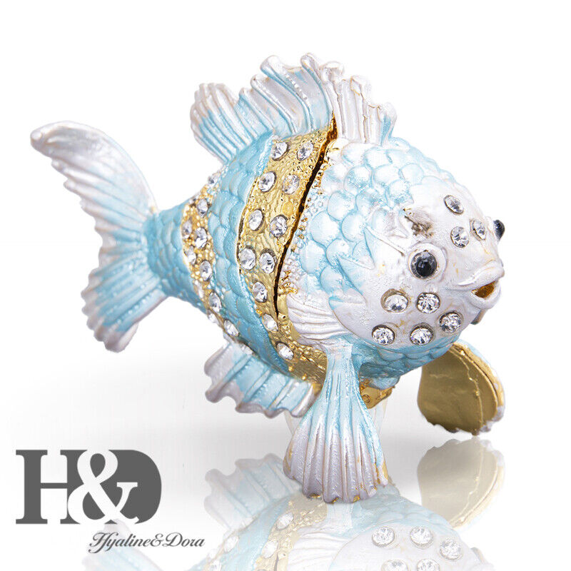 Hinged Bejeweled Goldfish Trinket Boxes Hand Painted Animal Figurine Jewelry Box