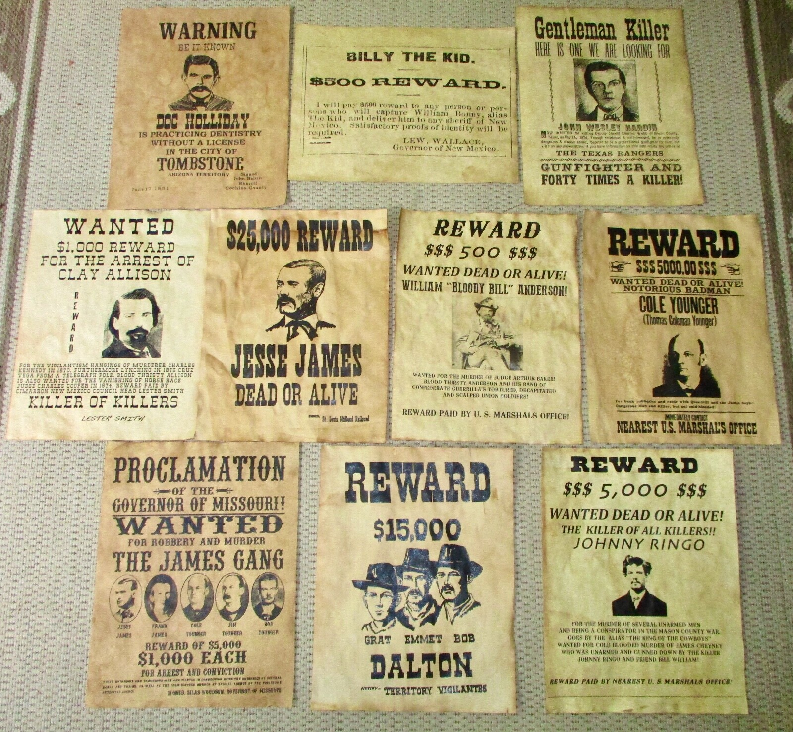 Doc Holliday Jesse James Gang Wanted Old West Reward Posters Billy the Kid Ringo
