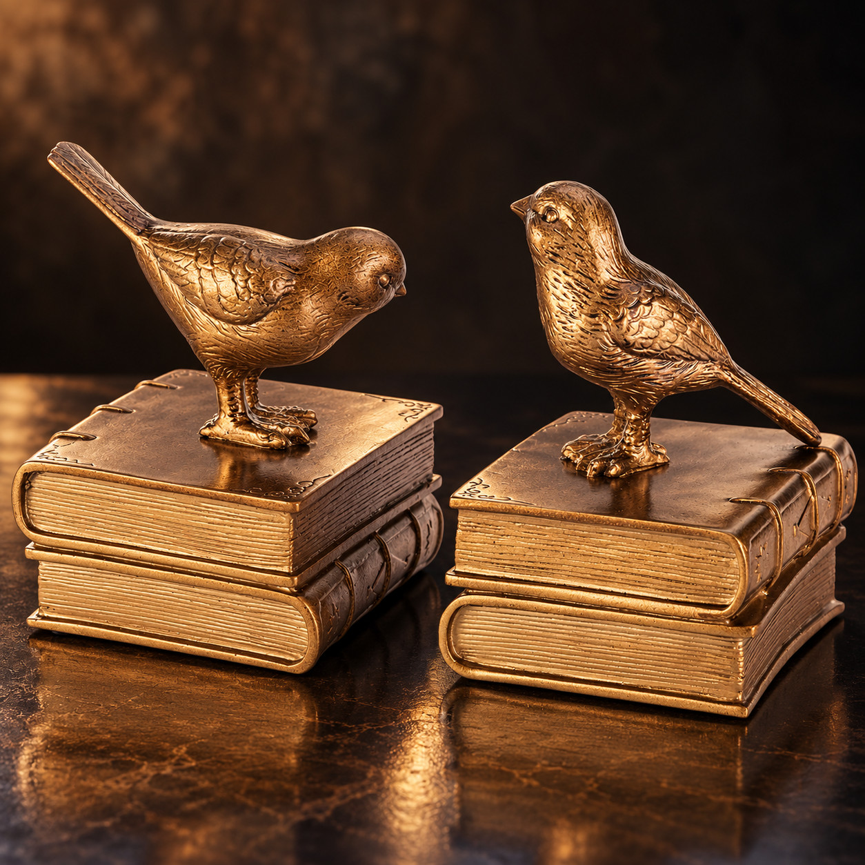 LUXURY BRASS TONE BIRD BOOKENDS PAIR ORNATE RESIN LIBRARY SHELF DECOR