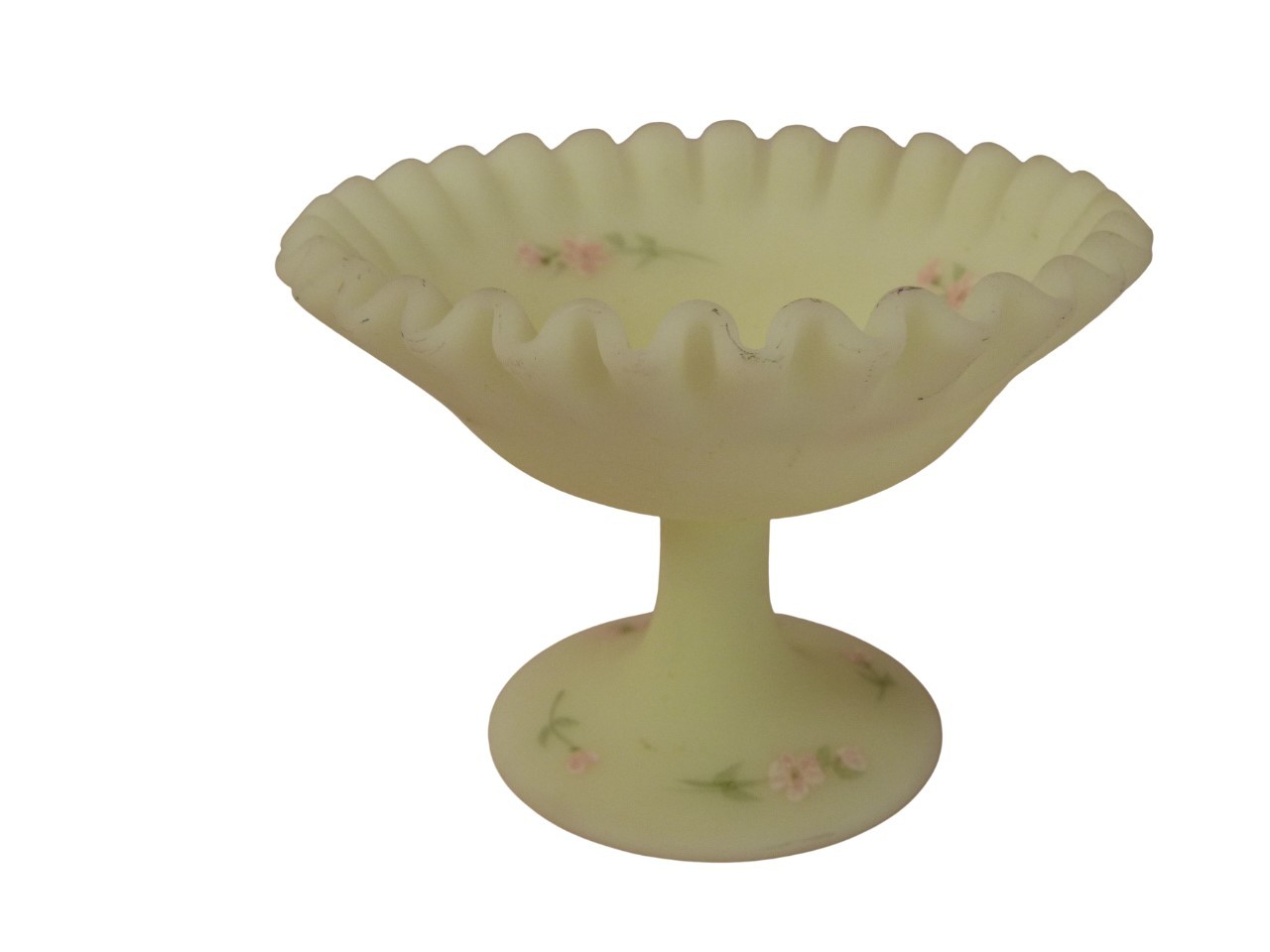 VINTAGE Fenton Satin Custard Glass Candy Dish Signed Hand Painted Flowers 5\