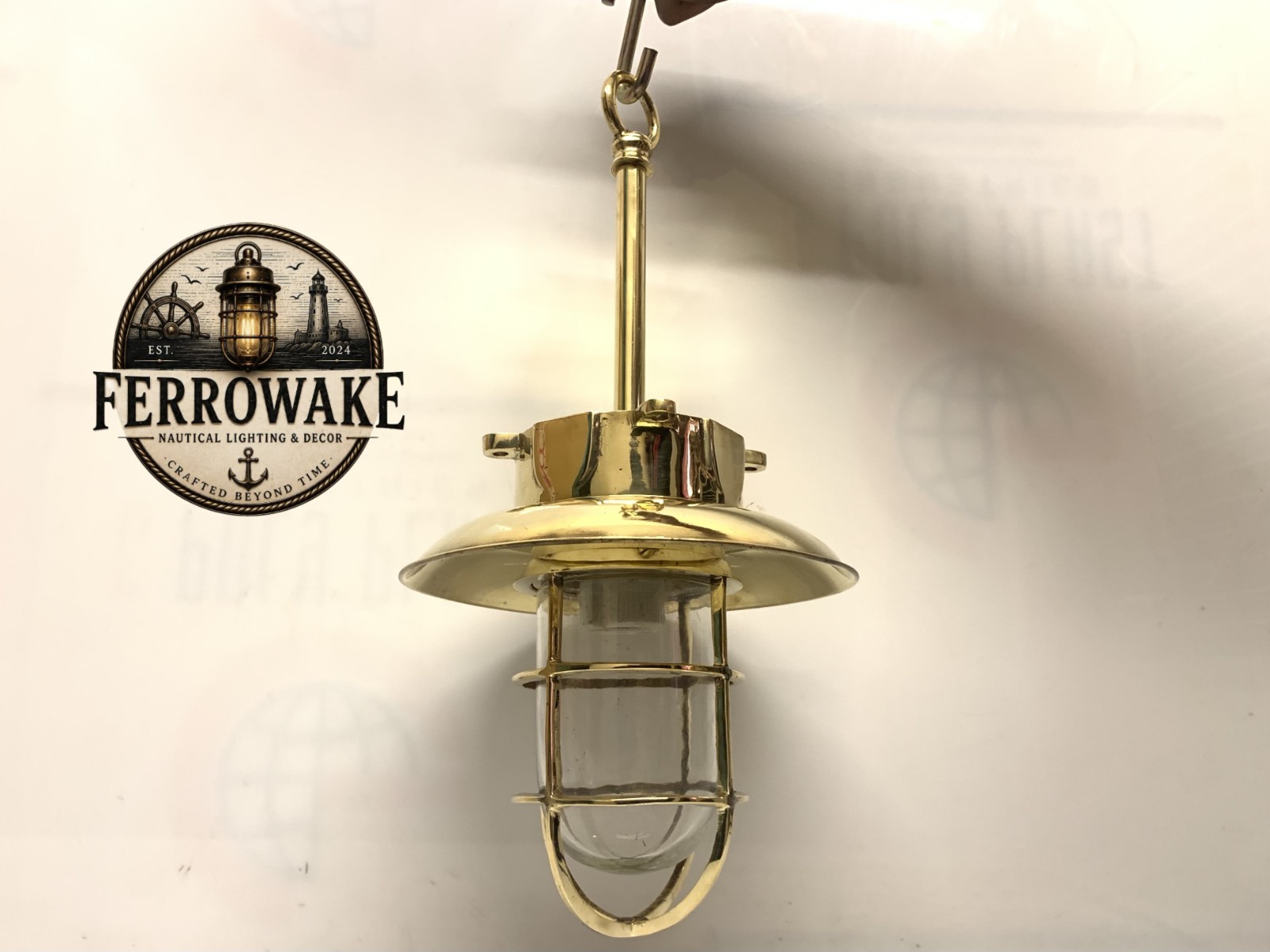 Vintage Heavy Solid Brass Ceiling Hanging Pendant Light Flared Shade Marine Lamp