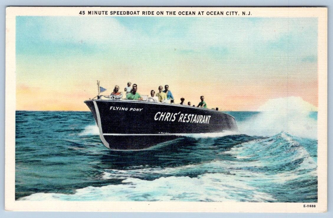 1940-60\'s CHRIS\' RESTAURANT SPEEDBOAT RIDE FLYING PONY OCEAN CITY NJ POSTCARD