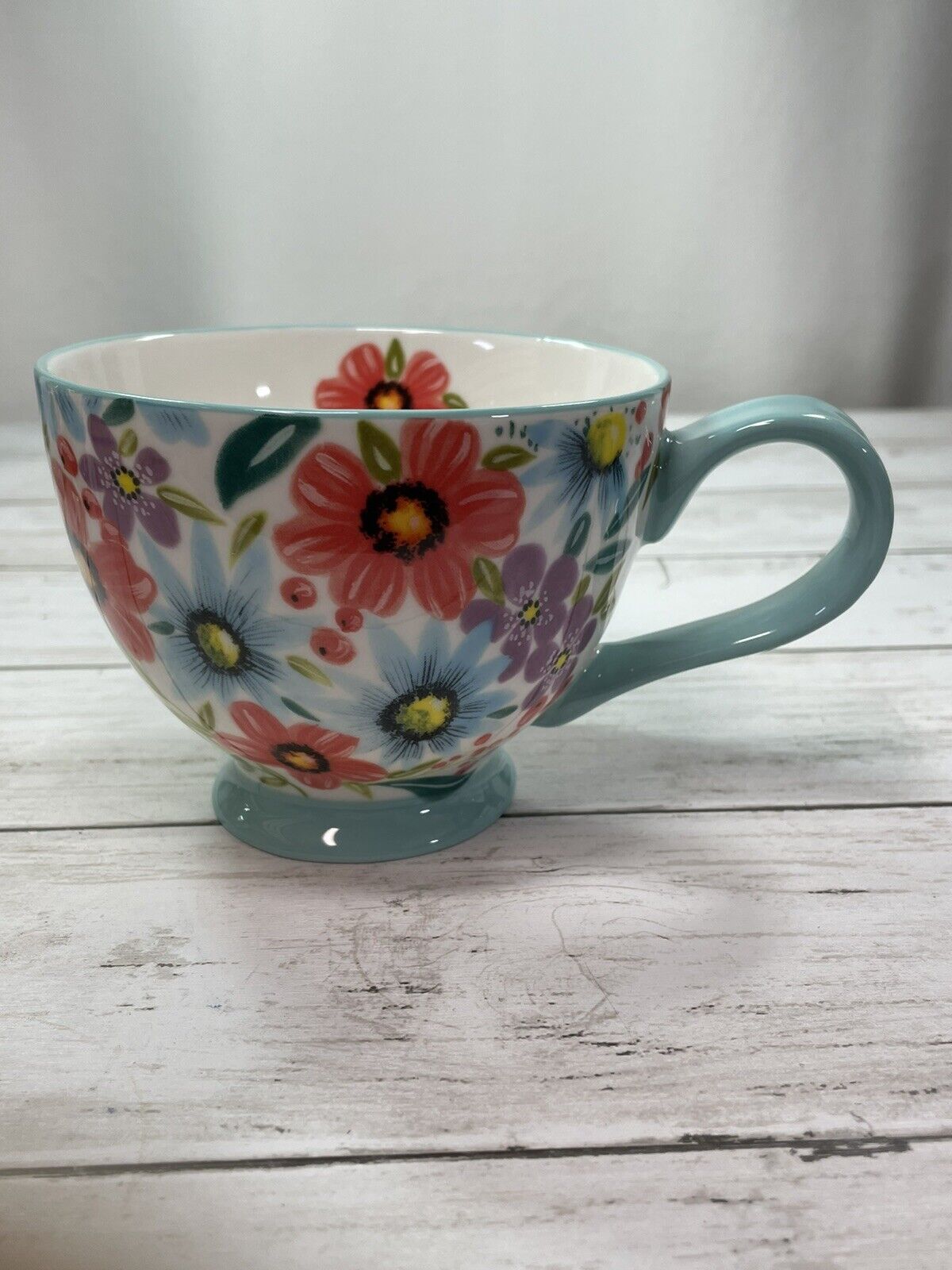 Potter's Studio Floral Ceramic Coffee or Tea Mug Cup 12 oz. Aqua Trim - NEW