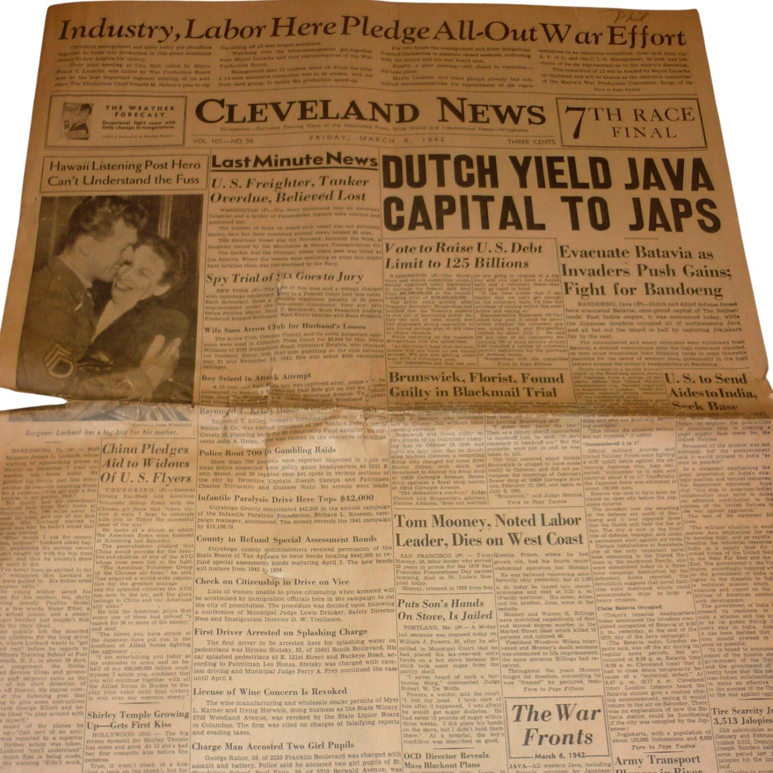 Vintage 1942 Cleveland News Newspaper WWII Dutch Yield Java WWII Ephemera
