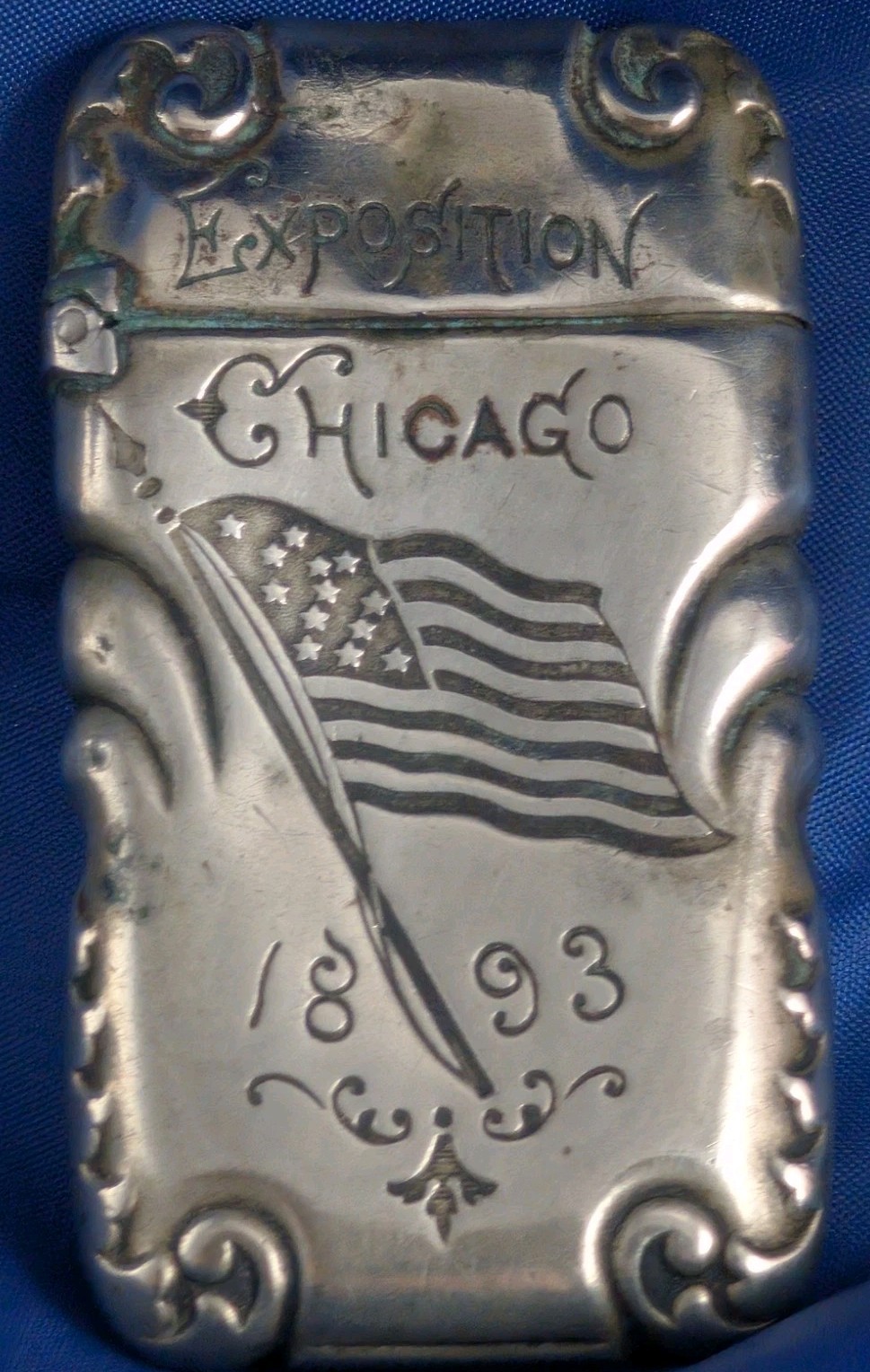 1893 Chicago World\'s Fair Vesta Match Safe Columbia Exposition Patriotic Flag