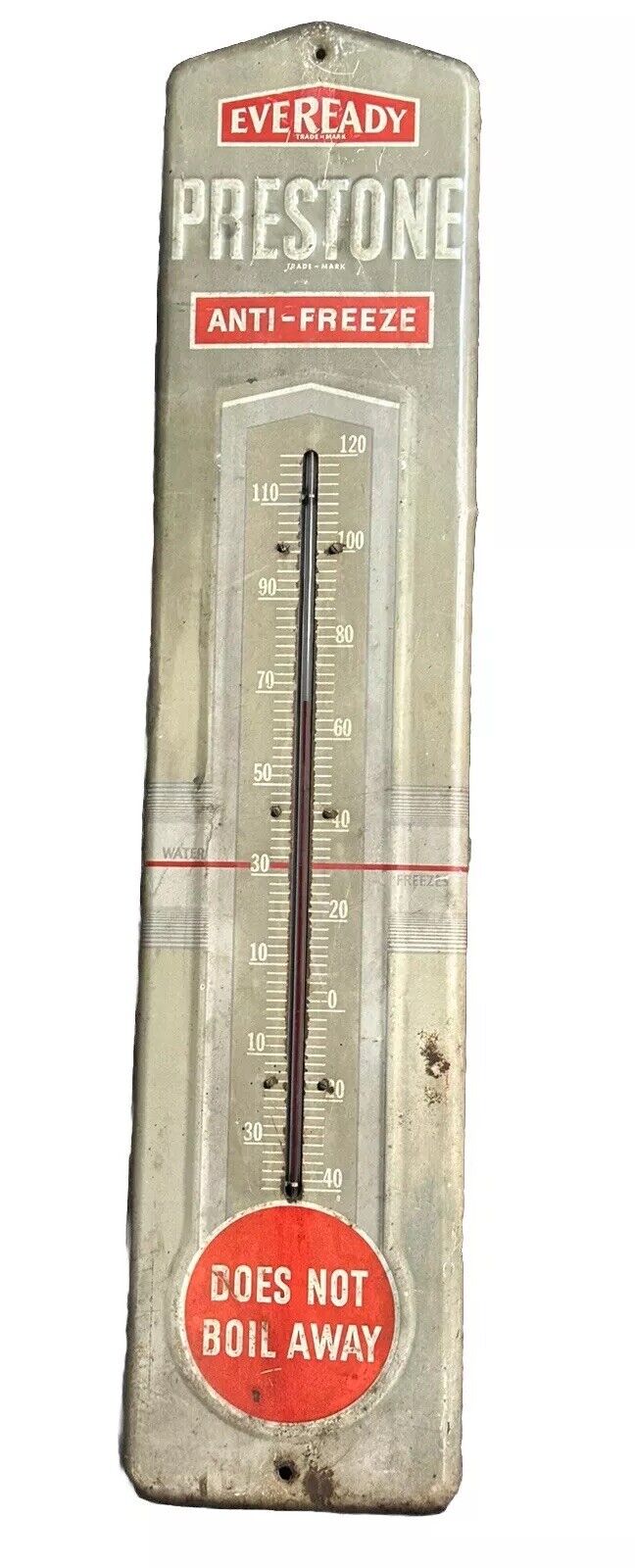 Vintage Tin Thermometer Prestone  Automobile Antifreeze 36” Tall x 8” Wide