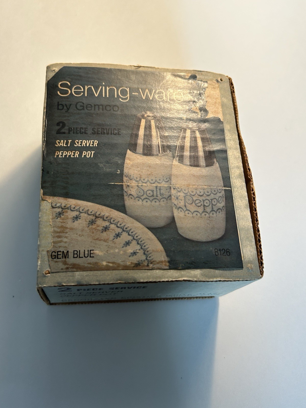 Vintage 1971 Gemco Salt+Pepper Shakers In Snowflake Blue Pattern Garland In Box
