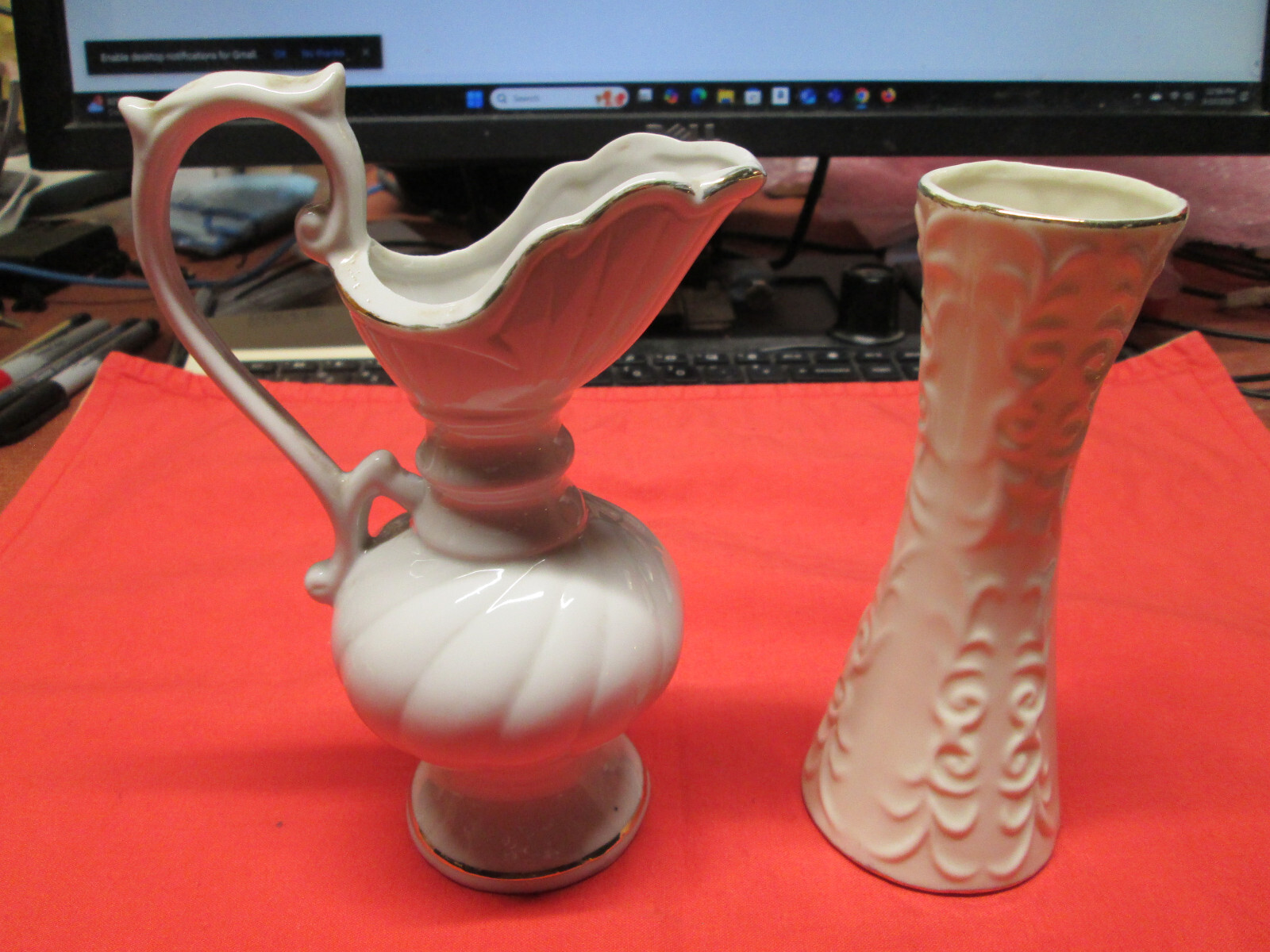 VINTAGE FINE PORCELAIN, GOLD TRIM, PITCHER & VASE