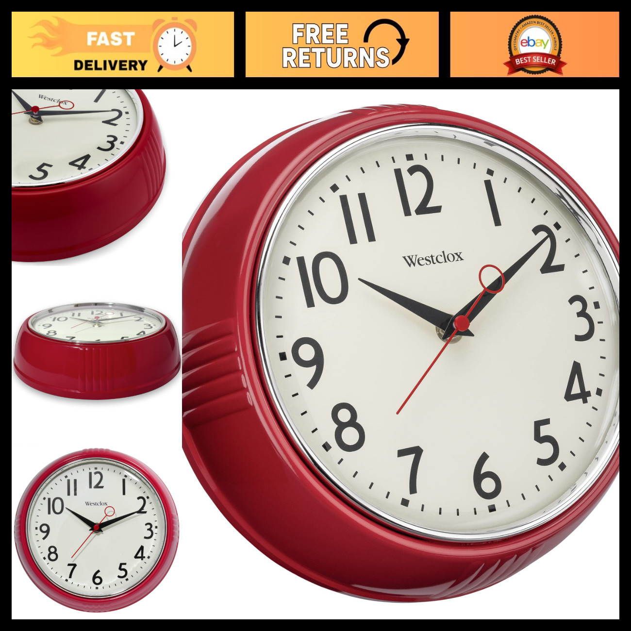 Vintage 1950s Retro Kitchen Wall Clock - 9.5-Inch Red Decorative Timepiece Vintage 1950s Retro Kitchen Wall Clock - 9.5-Inch Red Decorative Timepiece