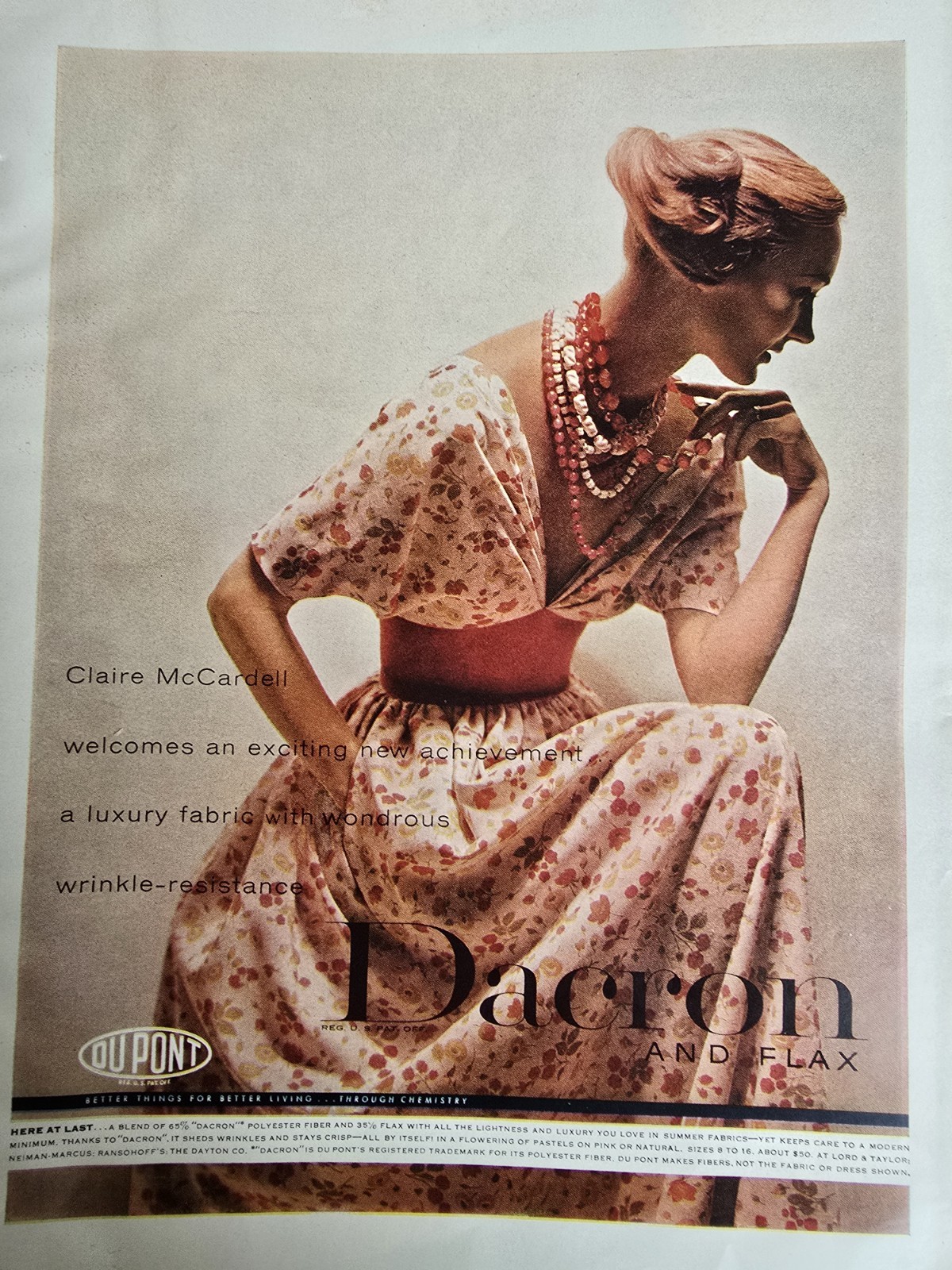 1956 Women\'s Claire McCardell Dupont Dacron floral dress vintage Fashion Ad 