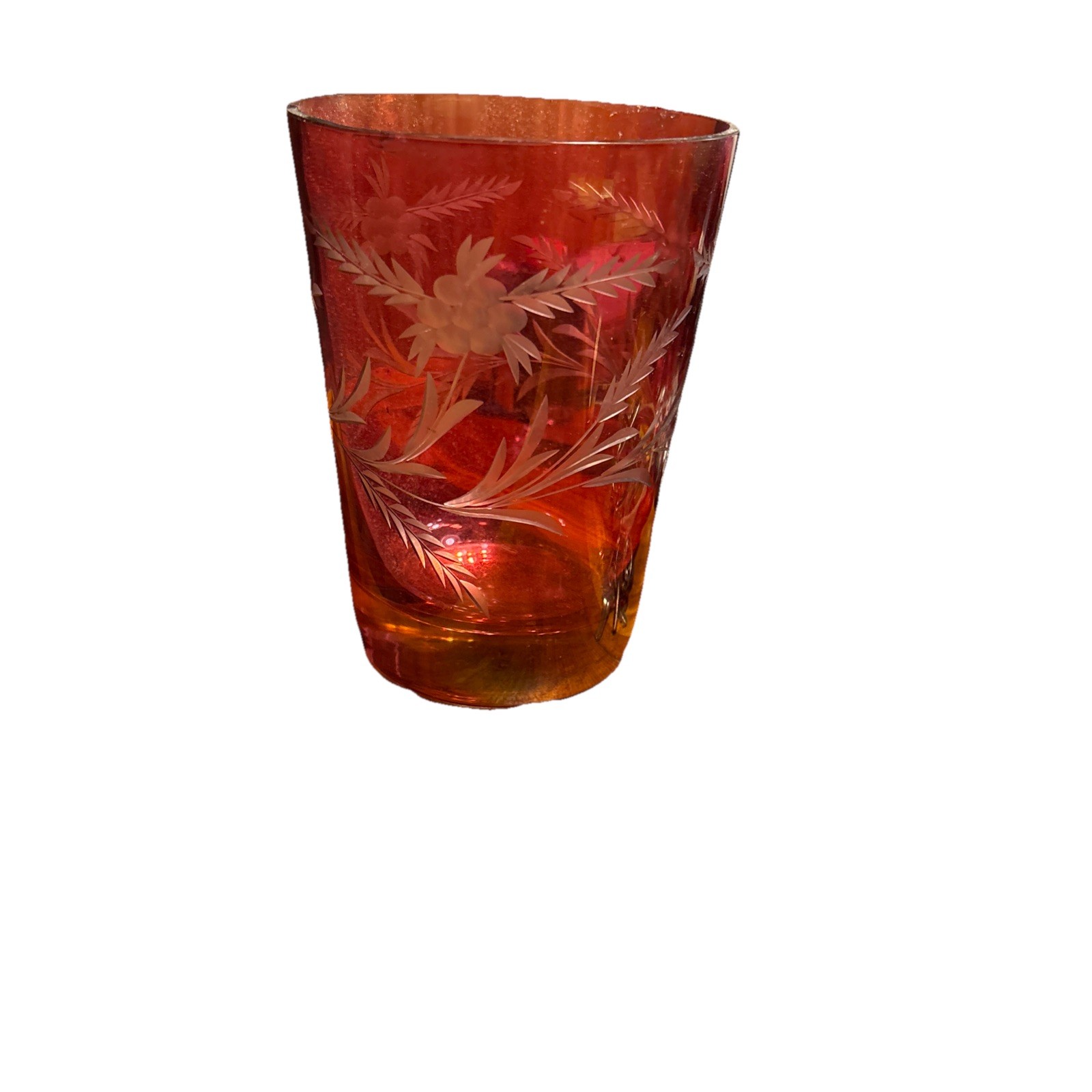 Cranberry Glass Vase  Etched Floral 6.5