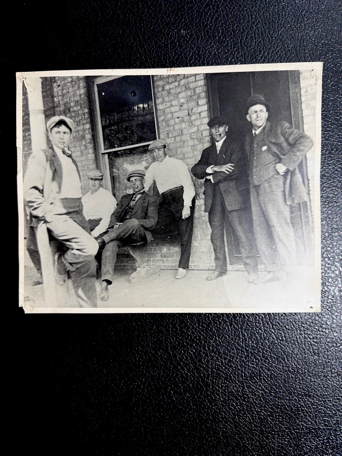 Antique Photo Men Smoking Pipes Caps Working Class Brick Building 1910s 1920s