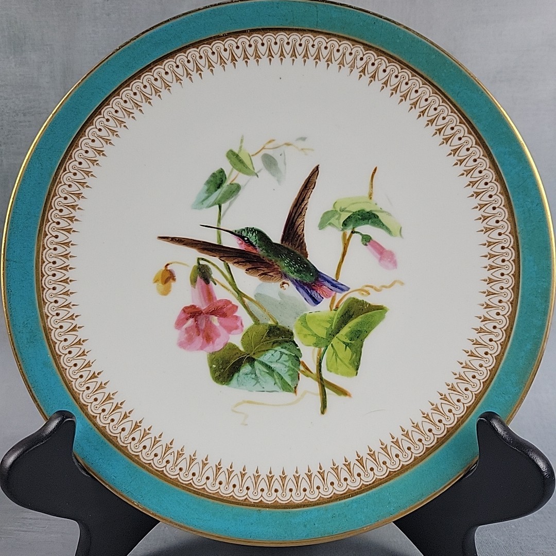 Antique Brownfield 1878 Hand Painted Hummingbird Turquoise Gold Plate 9”