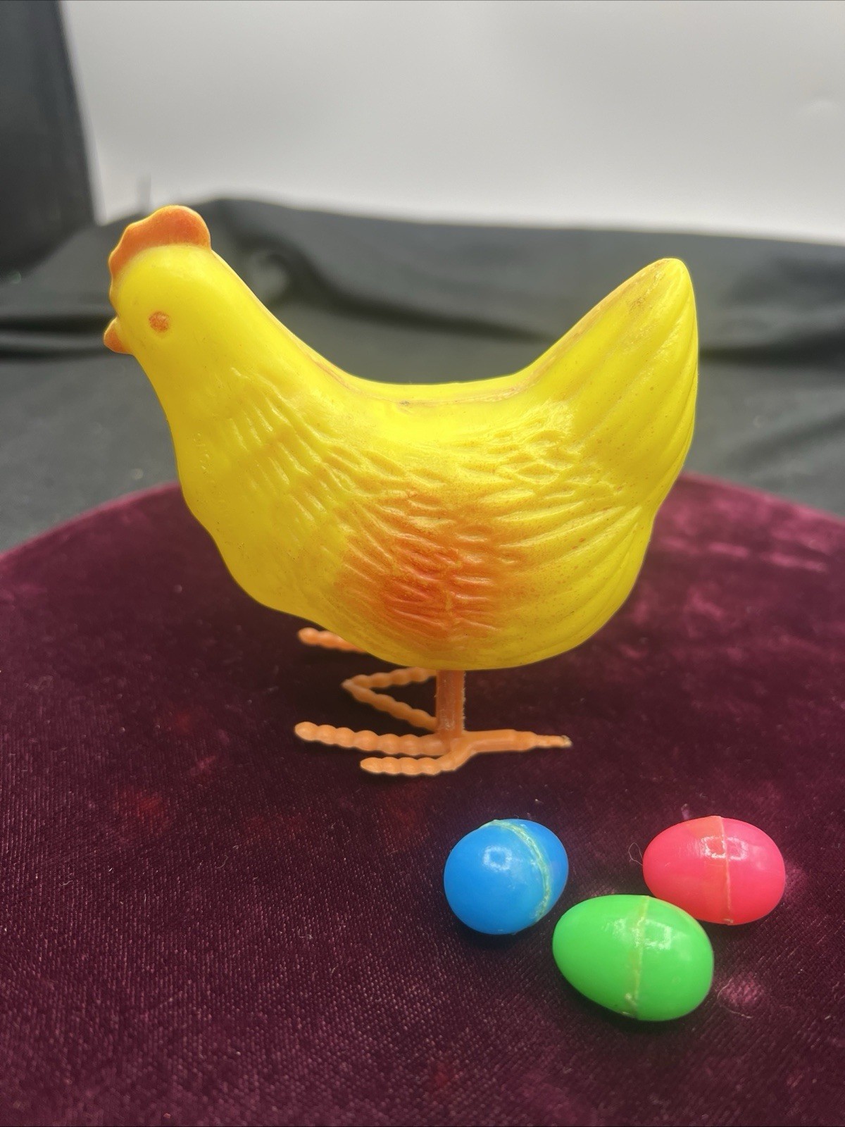 Vintage Egg Laying Chicken Hen Plastic Mechanical Toys & Eggs Pink Green Blue