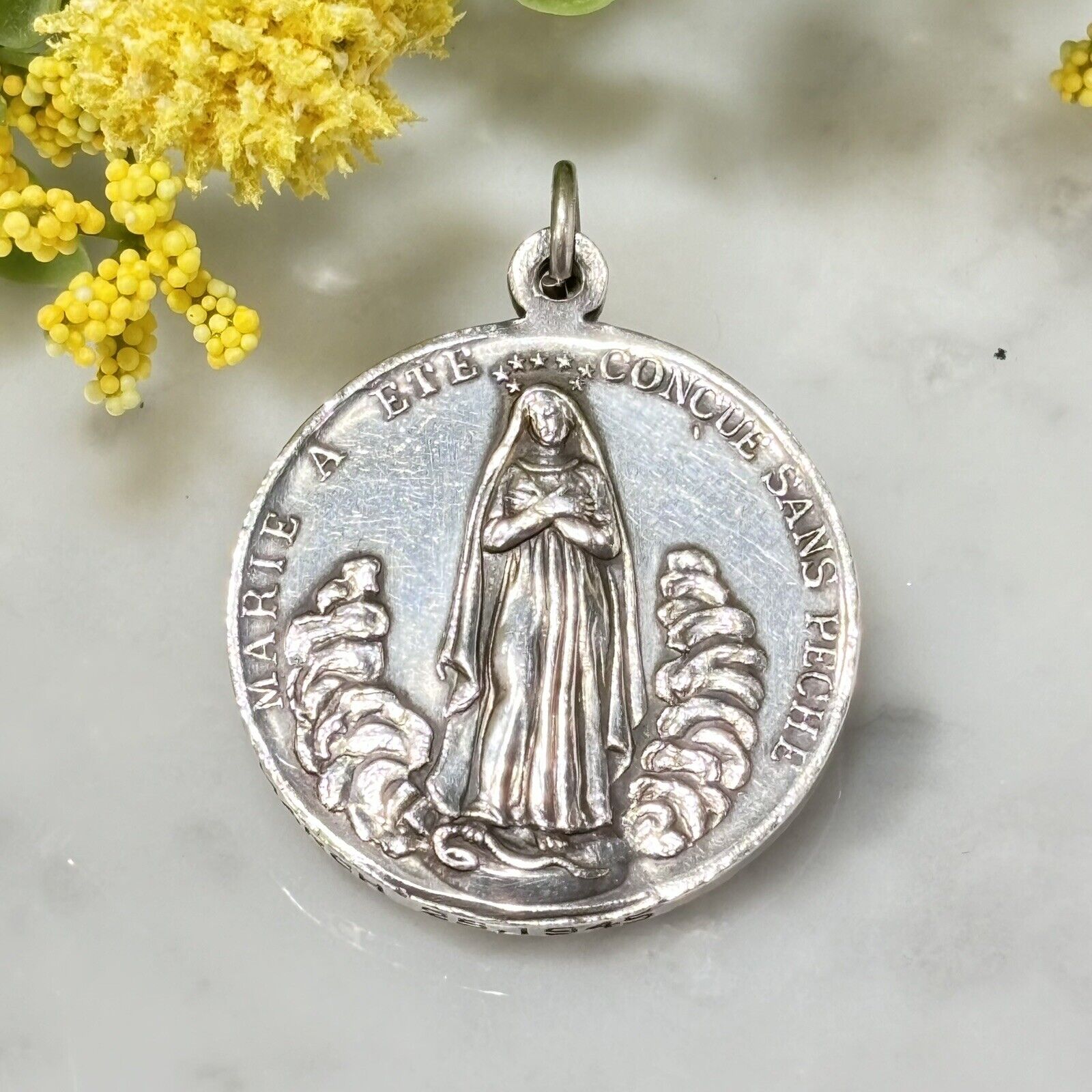 Atq French 1945 Sterling Silver Blessed Mother Sacred Heart Of Jesus Pendant 20g