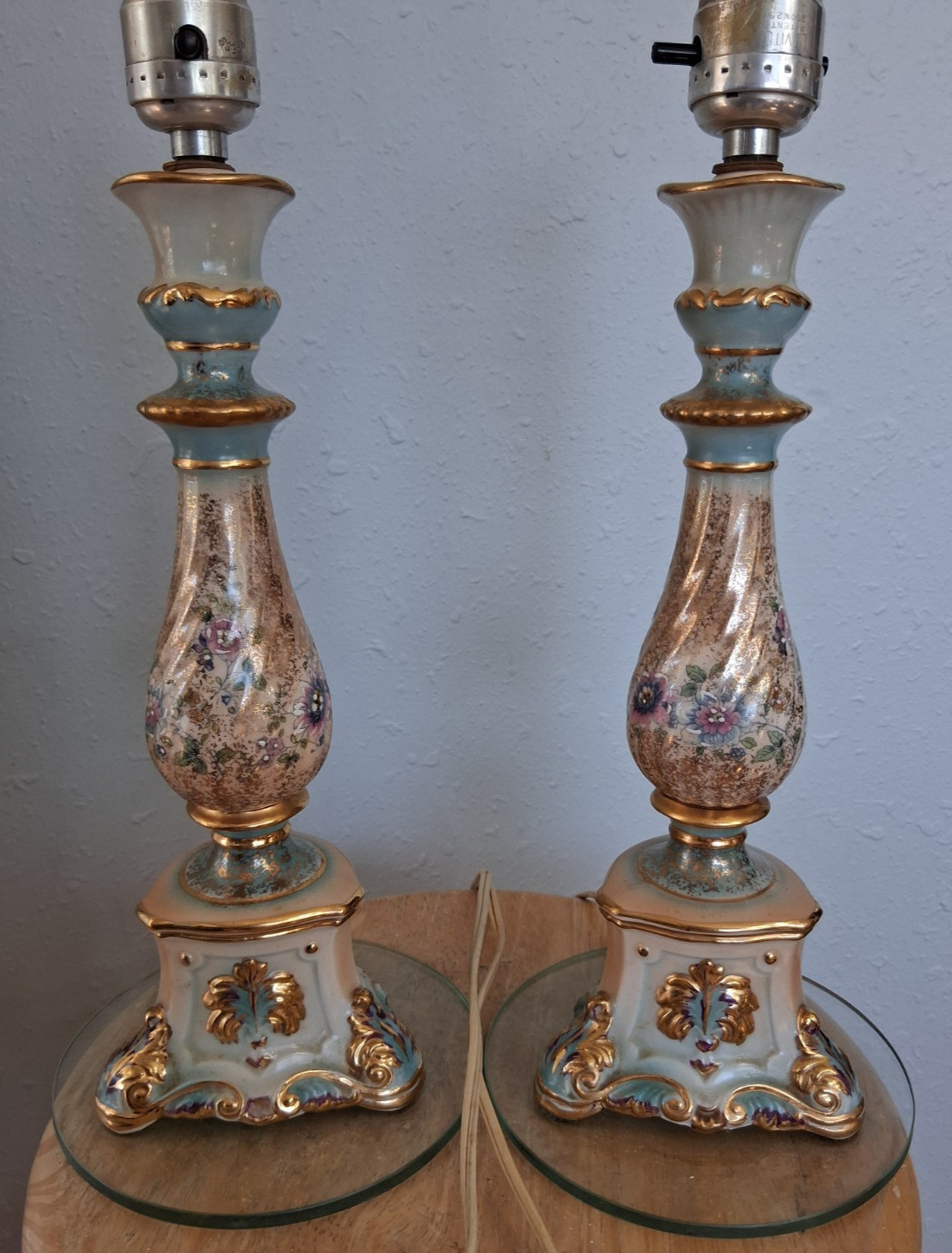 2 Vintage or Antique French Country Hand Painted Floral Porcelain Table Lamps