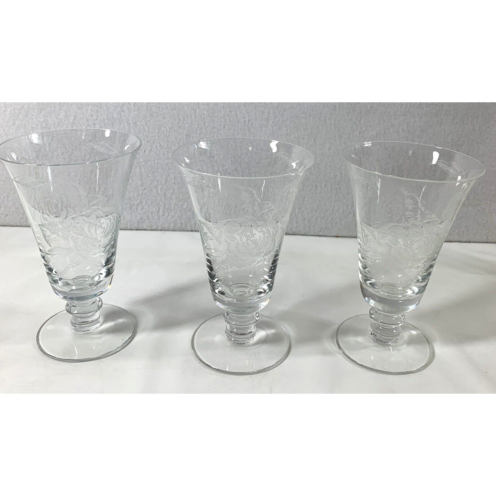 3 Vintage Fostoria Wine Glasses Camellia Etched Roses Pedestal Cordial Juice