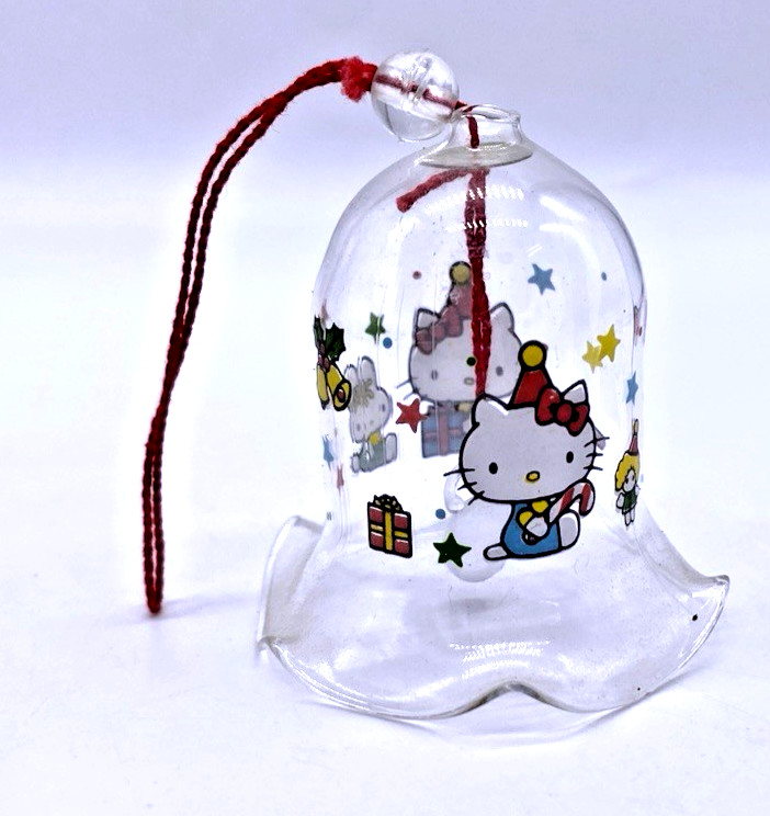 Vintage 1976 Sanrio Hello Kitty Christmas Ornament Mini Clear Glass Bell RARE