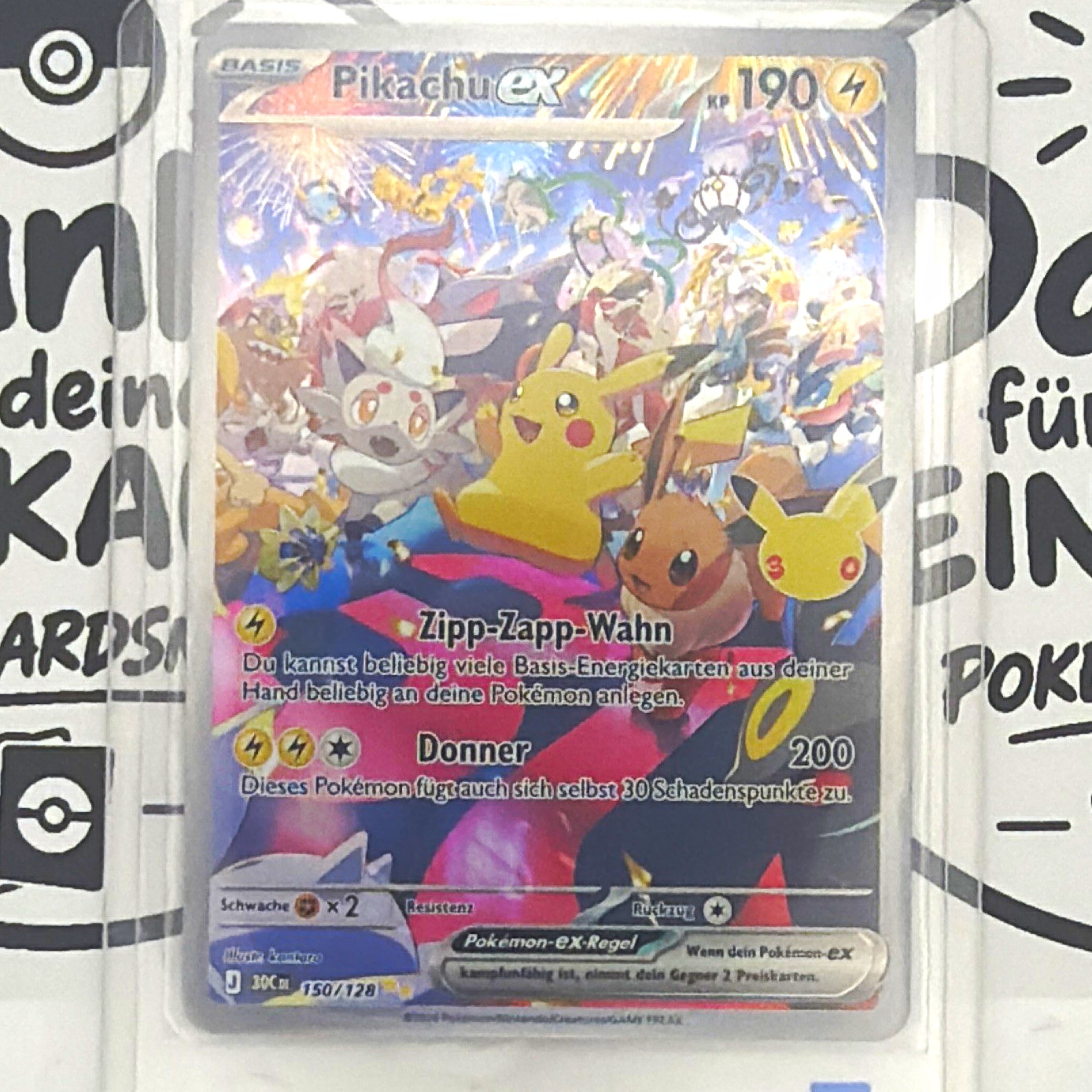Pikachu ex 150/128 Holo Full Art German KP 190 Pokemon TCG Card. 30 years 🔥