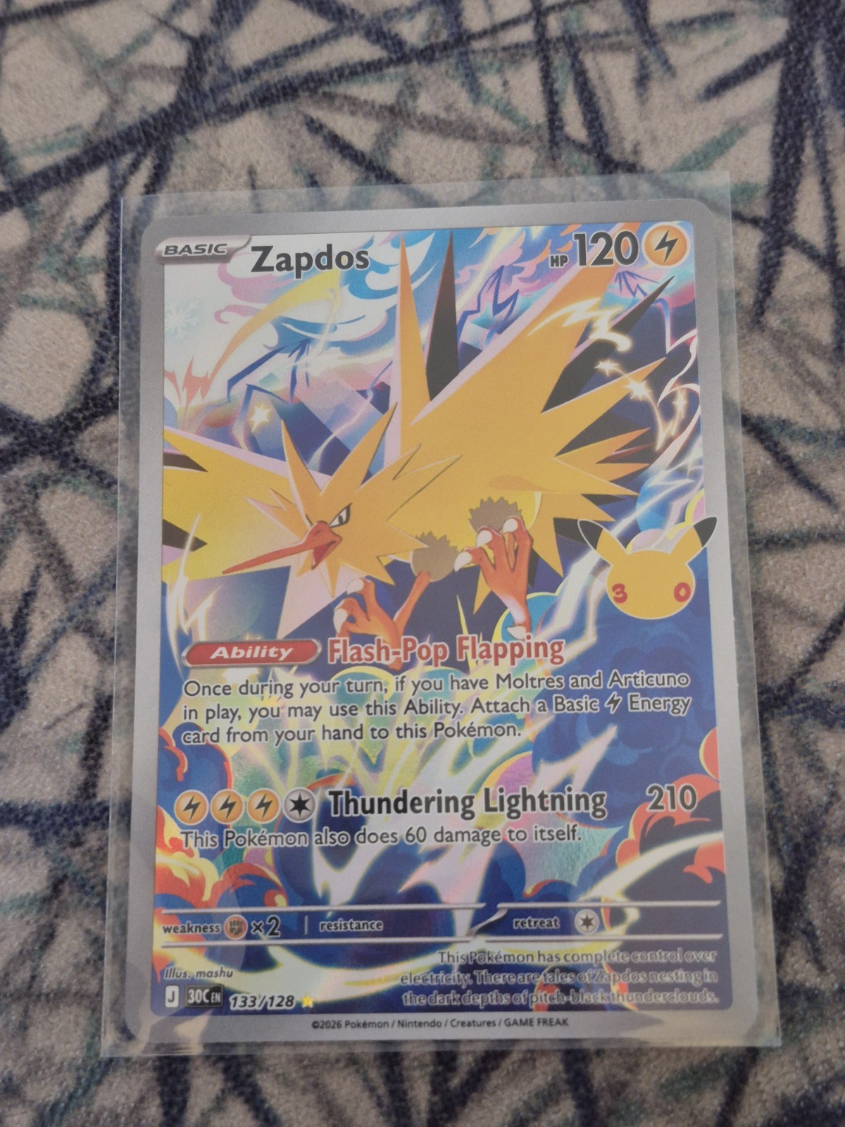 Pokemon TCG Zapdos 133/128 30th Celebration Illustration Rare IR Near Mint NM