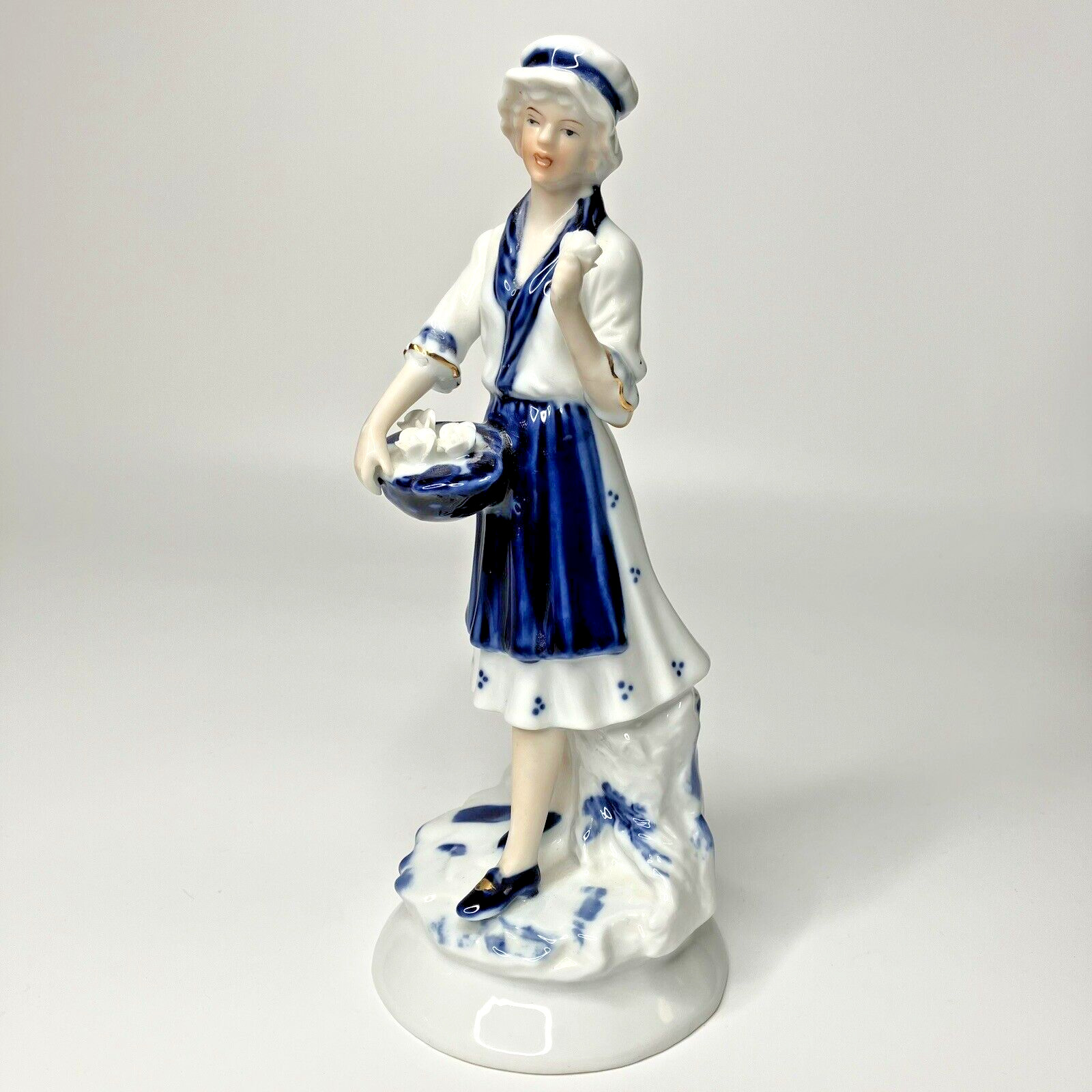 Vintage Girl Woman Figurine Ceramic Porcelain Rose Basket Blue White 8.5 in
