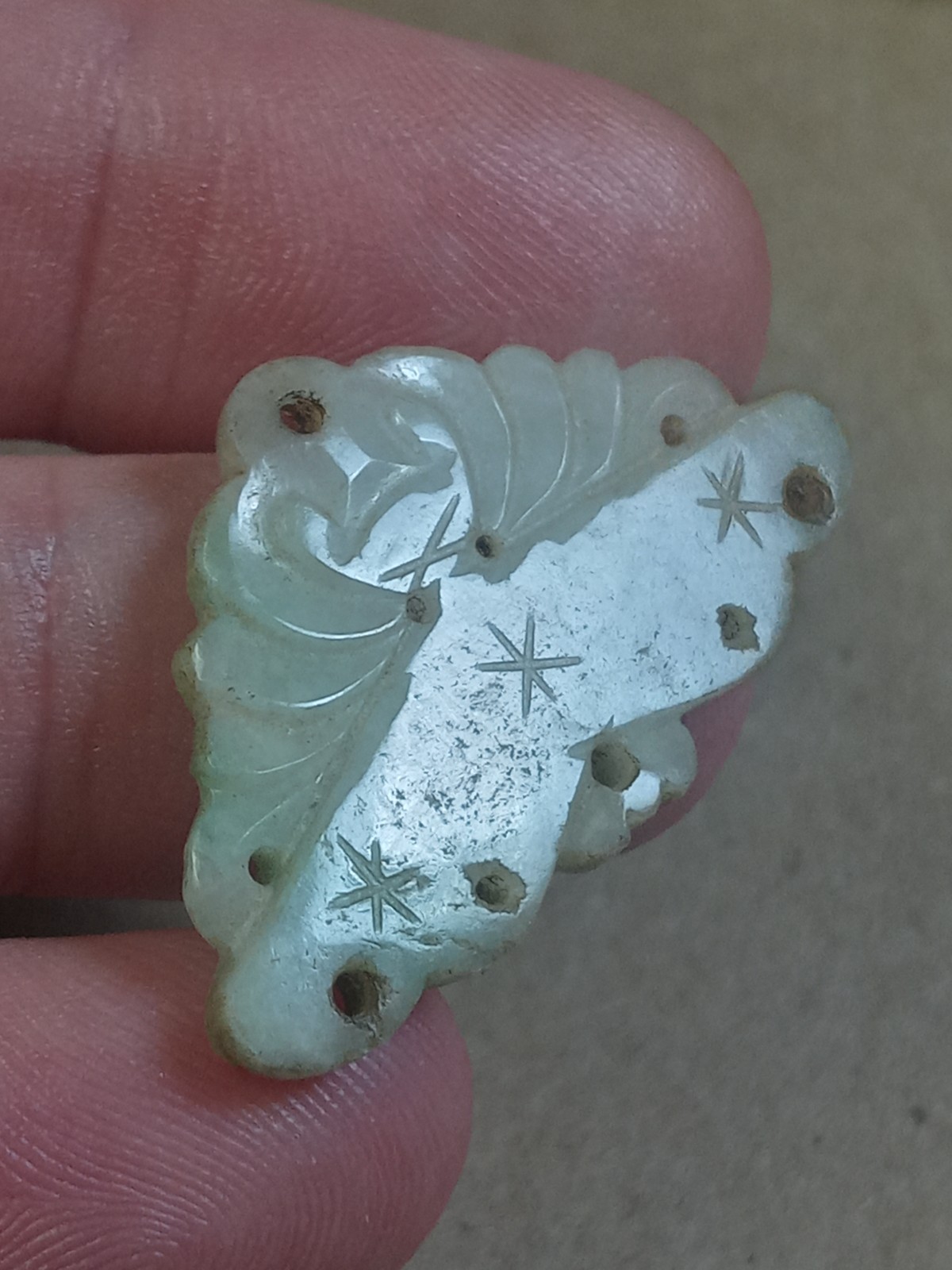 Chinese White Jadeite Jade Carved Butterfly Fan Pendant Loose Jewelry Bead Charm
