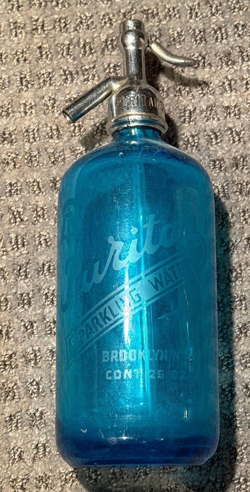 Vintage Cobalt Blue Czech Glass Seltzer Bottle - Puritan Sparkling Water Bklyn