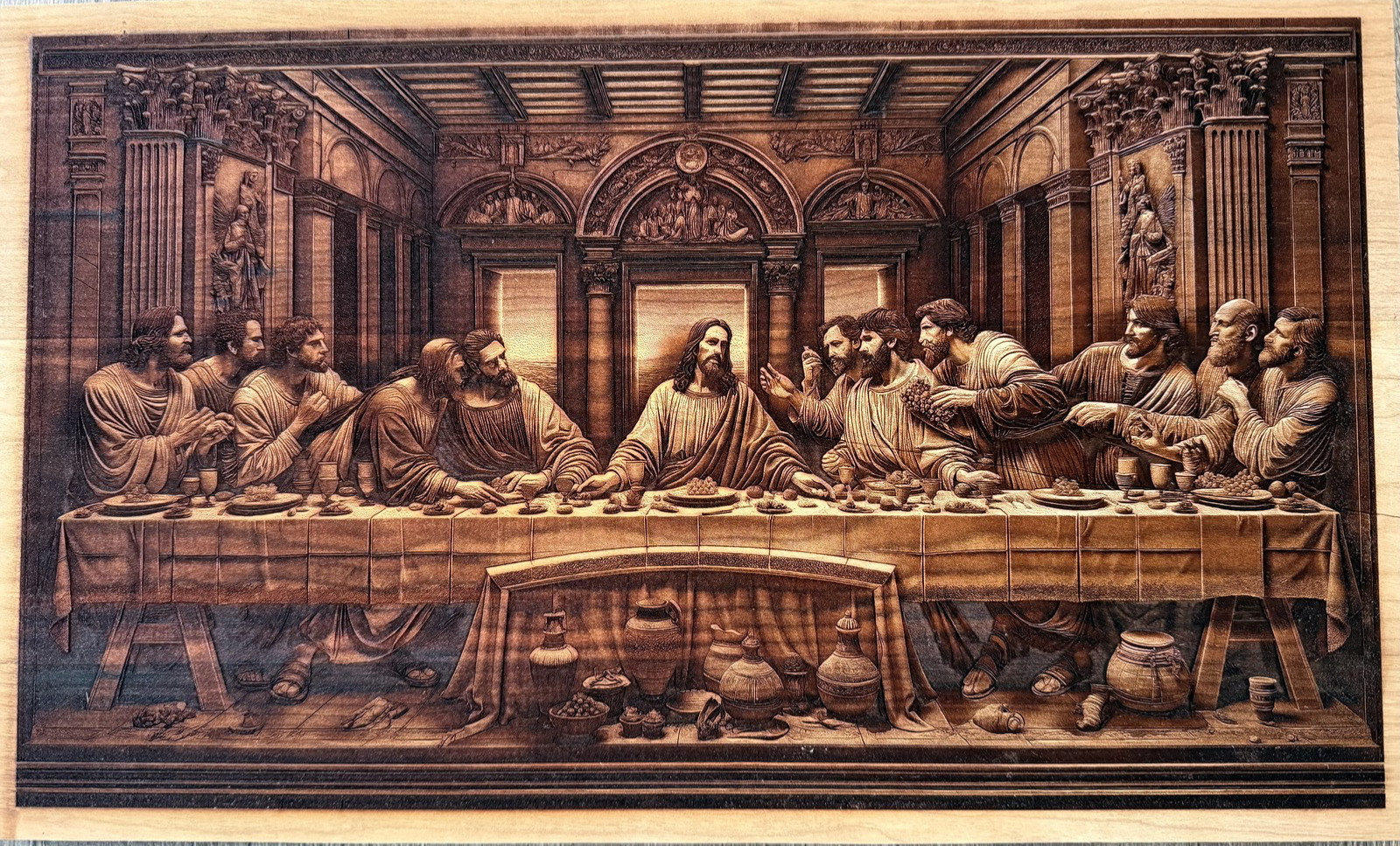 last Supper engraved cherry wood plaque home decor 12 x 20“with superb detail