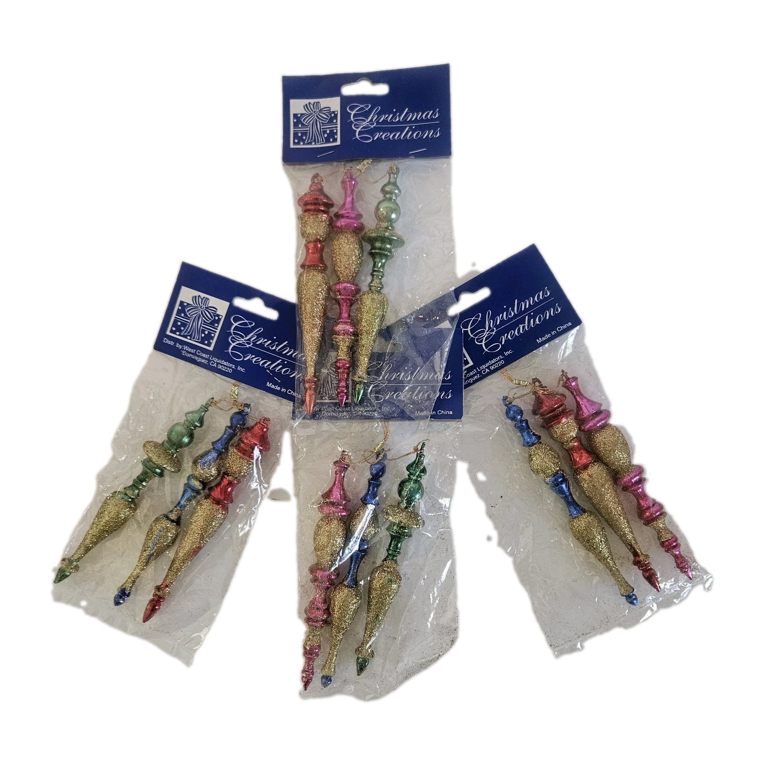 VTG 12 Pc West Coast Liquidator Finial Icicle Glitter Christmas Ornament NIP 80s VTG 12 Pc West Coast Liquidator Finial Icicle Glitter Christmas Ornament NIP 80s