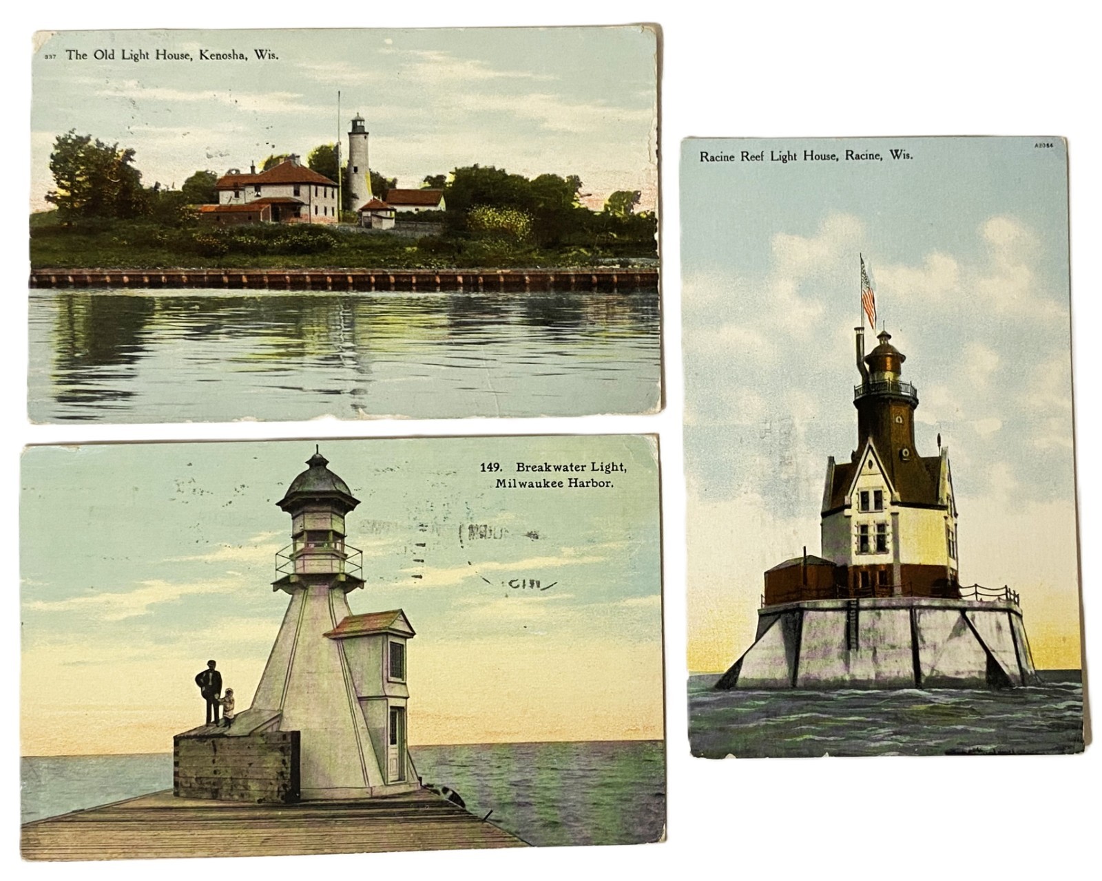 1909-12 Vtg 3 Postcard Lot Wisconsin Lighthouses Racine Kenosha Milwaukee 1909-12 Vtg 3 Postcard Lot Wisconsin Lighthouses Racine Kenosha Milwaukee
