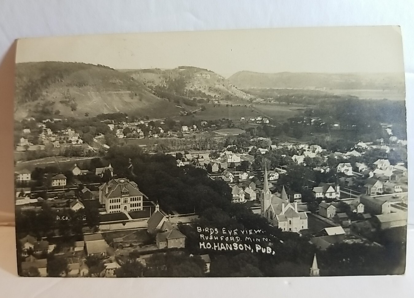 Rushford Minnesota Birdseye Panorama Homes Business Church Grossfield 1913 RPPC 