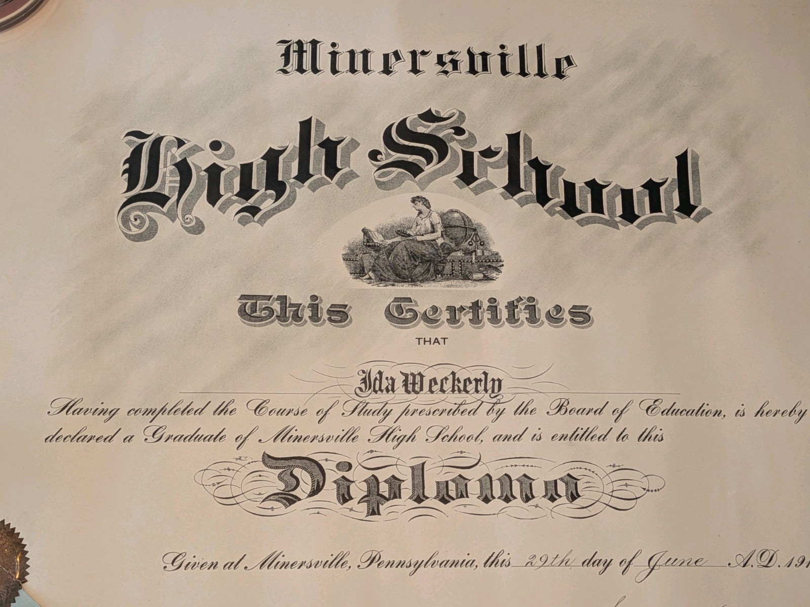 Vintage 1917 Dated High School Diploma W/ Seal Minersville, PA
