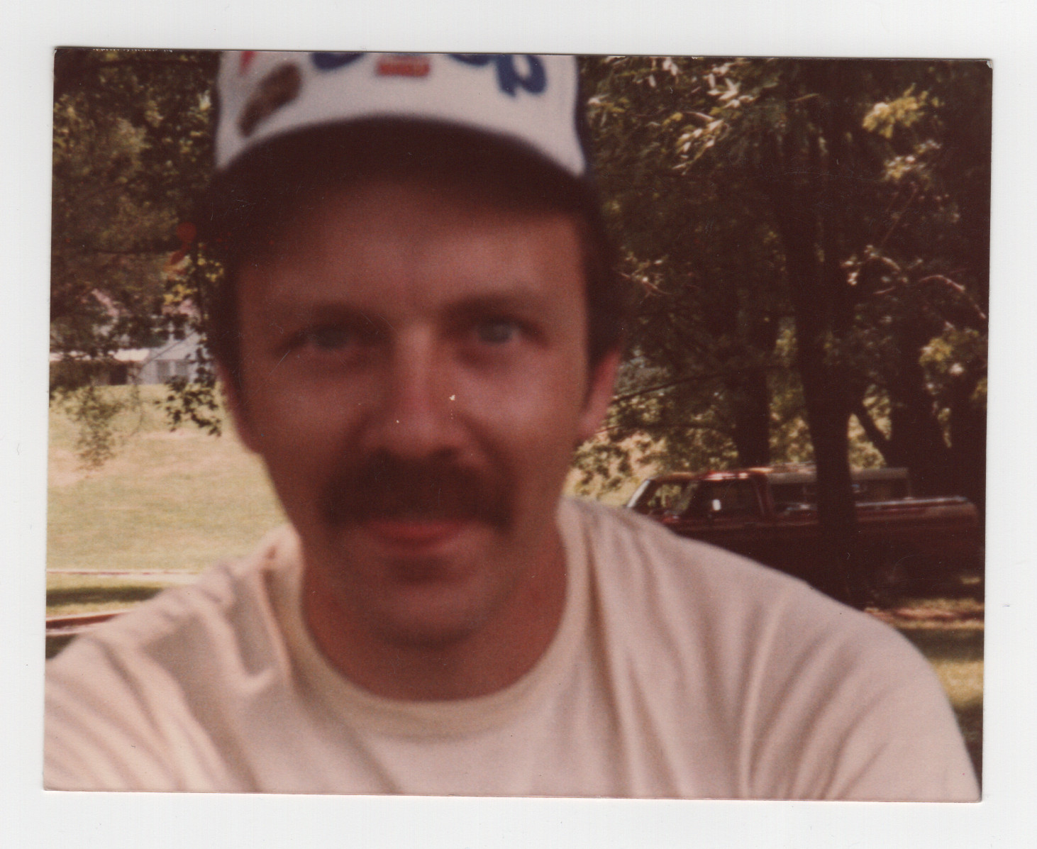 Vintage 80s Photo Intense Gaze Mustache Man Trucker Hat Pickup Truck Snapshot