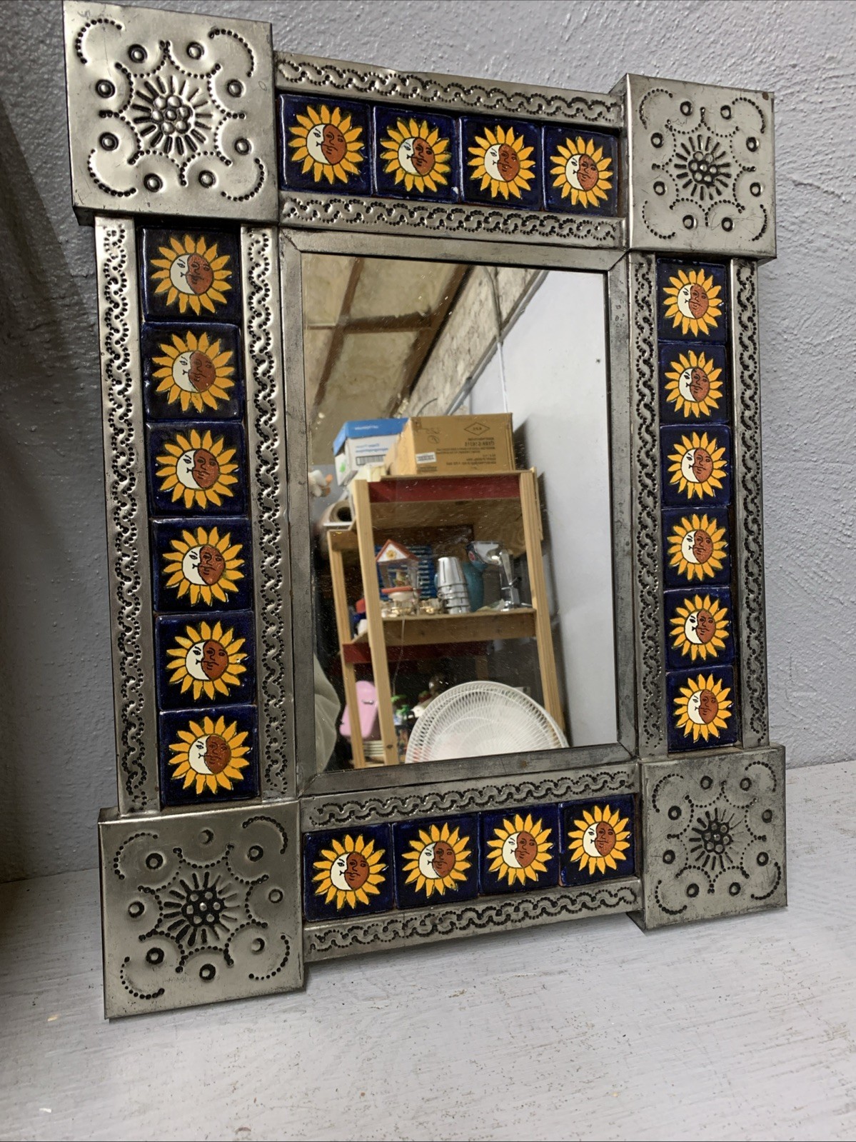 Punched Tin Mirror Talavera Tile Mexican Folk Art moons Vintage Casa Decor Gift