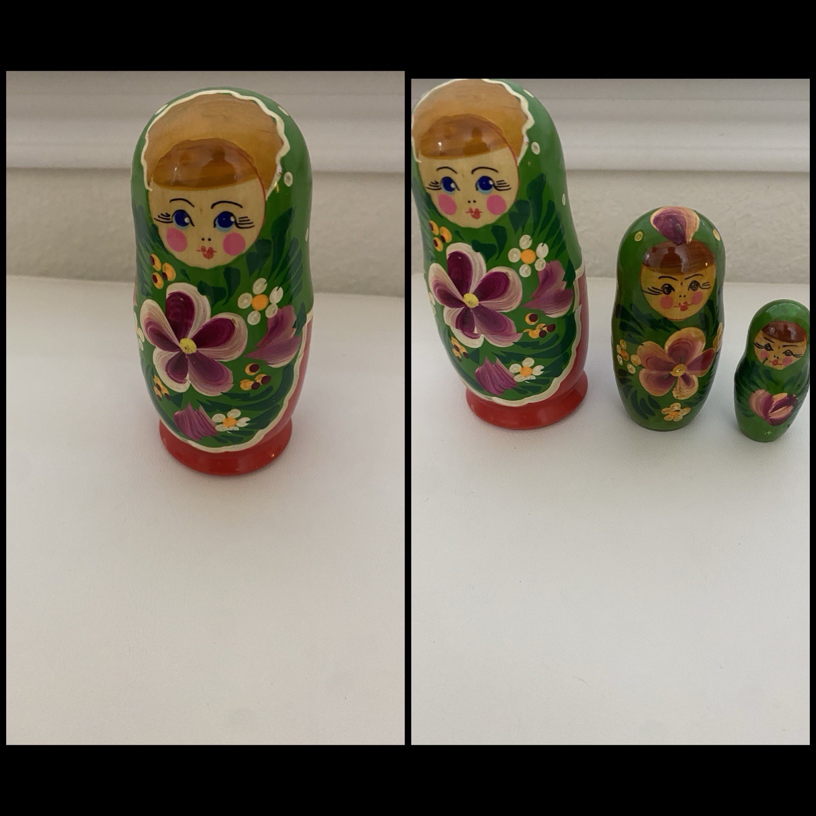 VTG Hand-Painted Wooden Nesting Dolls Green Floral Matryoshka Babushka Set of 3