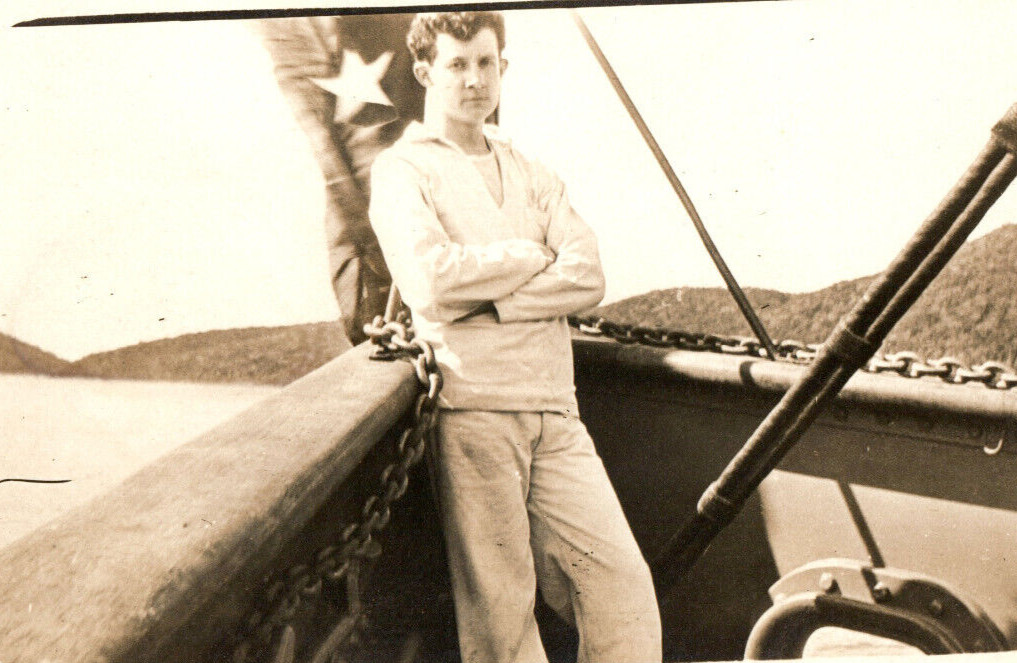 RPPC WWI Navy Sailor On Ship Real Photo Postcard RPPC WWI Navy Sailor On Ship Real Photo Postcard