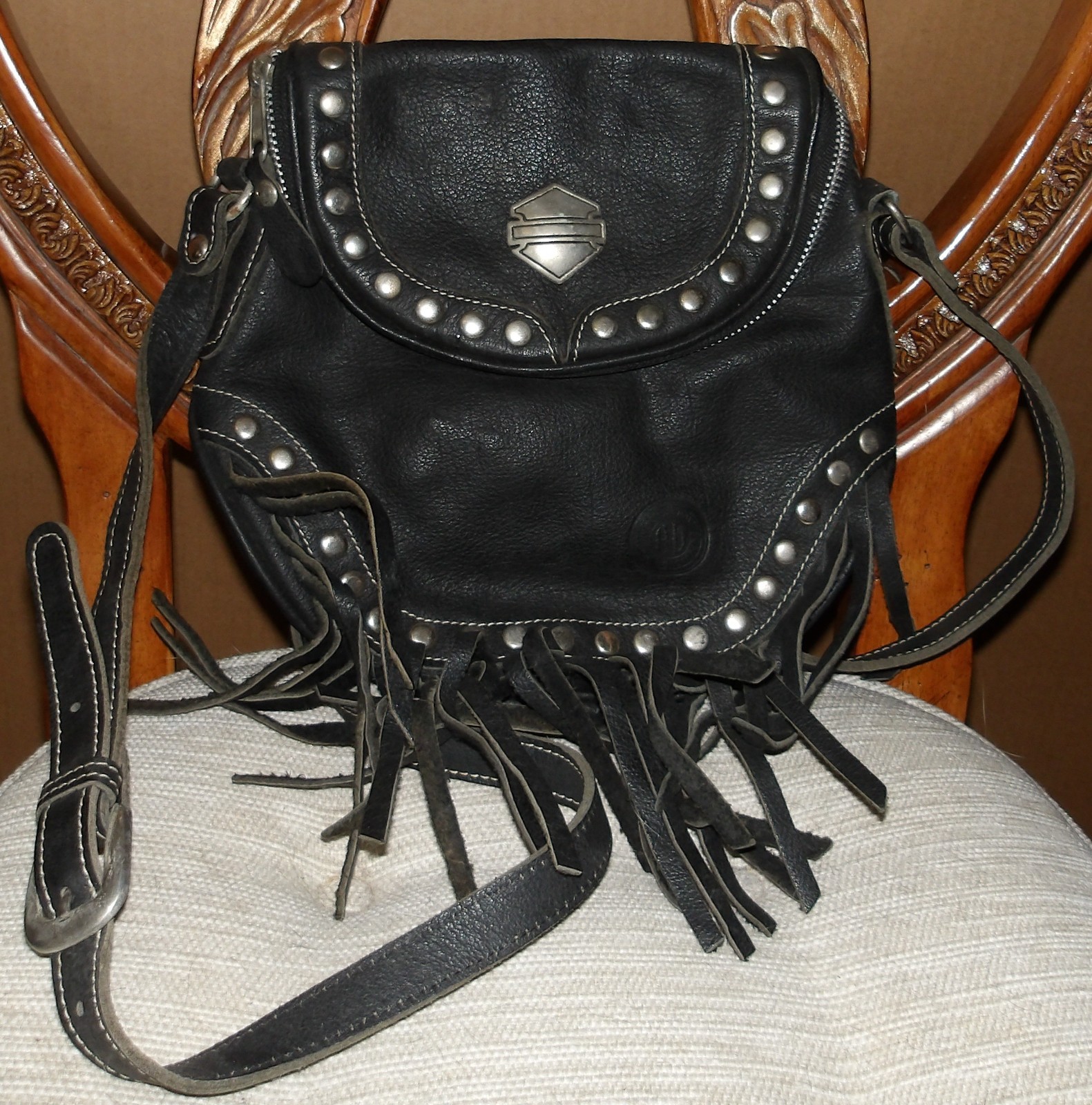 Harley Davidson Black Fringed Studded Leather Handbag Pocketbook 9.5