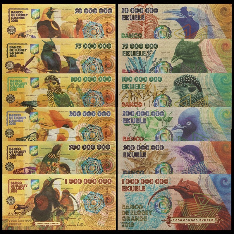 Lot 6pcs Elobey Grande Set 2018 Fantasy Polymer Banknote Paradisaea Raggiana
