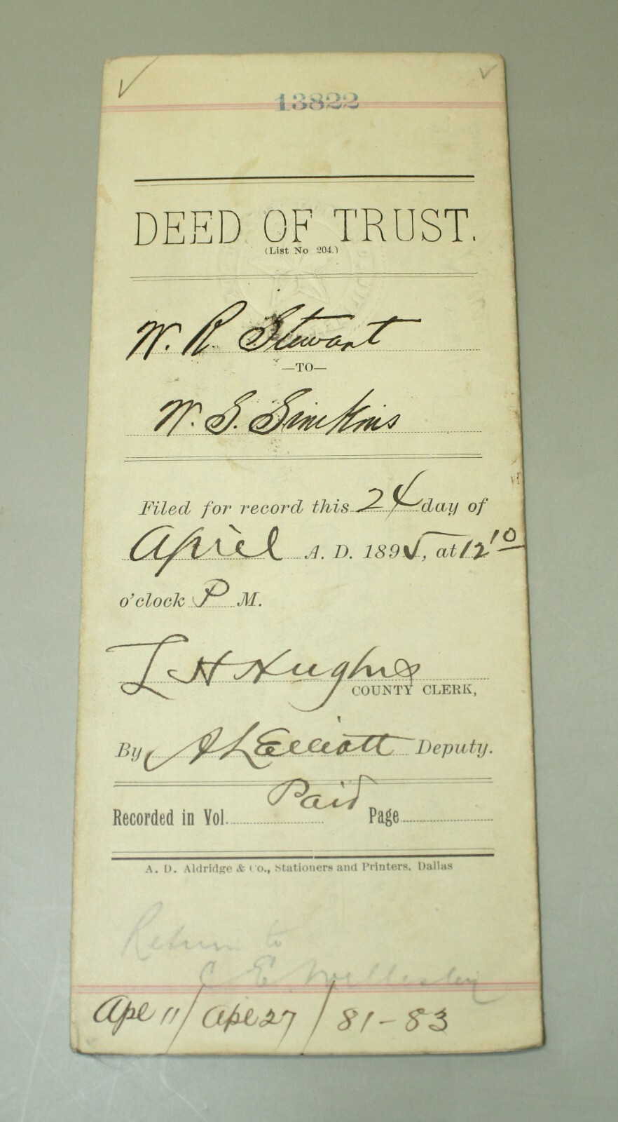 Dallas County Texas 1895 Deed of Trust Grapevine DFW Airport Elias Brush