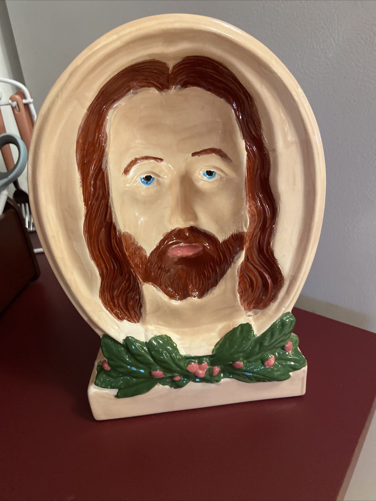 Vintage Porcelain Follow-Me-Eyes Religious Hand painted Concave Jesus Head Vintage Porcelain Follow-Me-Eyes Religious Hand painted Concave Jesus Head