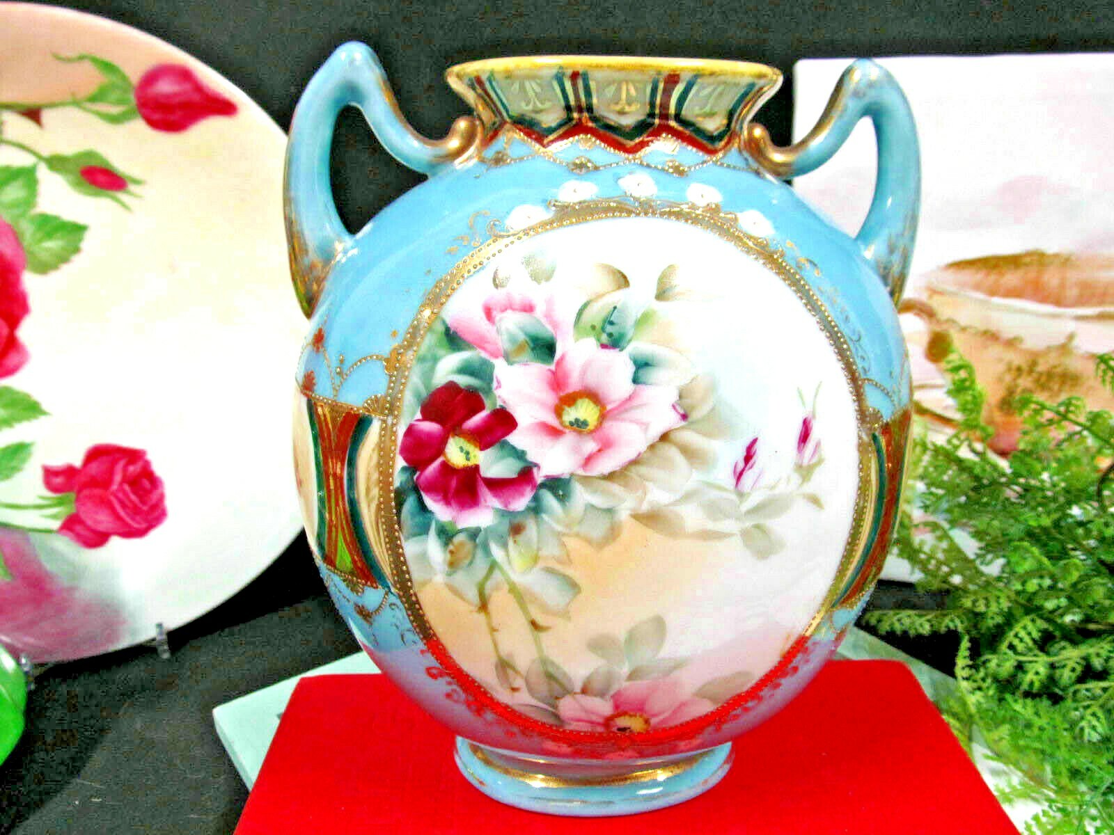 Nippon hand painted swan and pink blossom vase double handle urn gold gilt 1920 